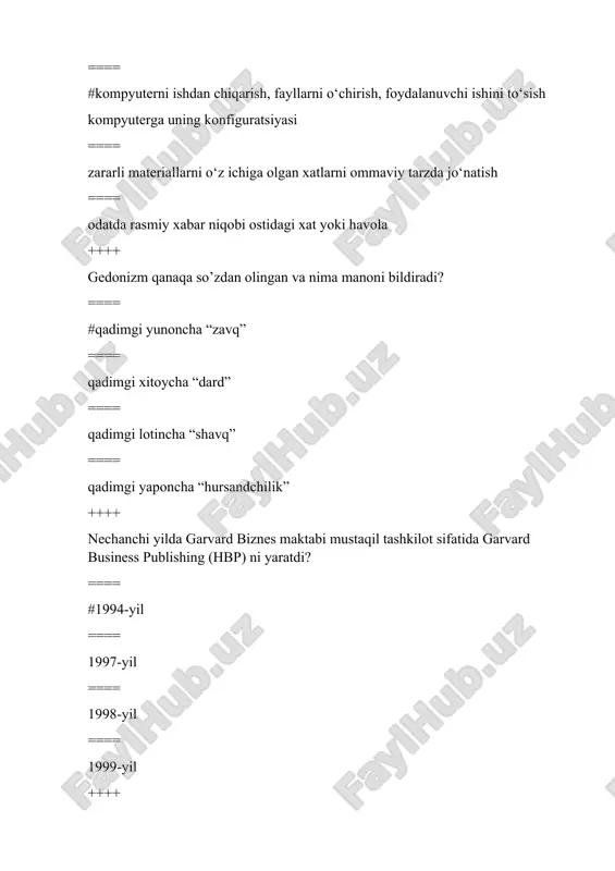 hmasi joriy etilgan. ++++ internet tarmog’ida qanaqa qidiruv tizimlari mavjud ? ==== #yahoo, google, ref.uz ==== word,exzel ==== telegram,instagram ==== office,payme ==== apelsin,facebook ++++ google ma’lumotlarni qidiruv tizimi nechanchi yildan ish faoliyatini boshlagan? ==== #1998-yil sentyabr oyidan ==== 1920-yil sentyabr oyidan ==== 1918-yil sentyabr oyidan ==== 1999-yil sentyabr oyidan ++++ «axborot savodxonligi» tushunchasini birinchi marta kim tomonidan axborot resurslaridan to’g’ri foydalana olgan insonga nisbatan ishlatgan? ==== xix asrning 70-yillarida ==== xxi asrning 70-yillarida ==== #xx asrning 70-yillarida ==== xii asrning 90-yillarida ++++ 2002 yilda ifla bosh konferensiyasi va kengashining 68-sessiyasida axborot savodxonligi bo’limi tashkil etilishi e’lon qilindi, uning asosiy vazifasi etrib nimalar belgilandi ? ==== # turli kutubxonalar va mamlakatlarda rivojlangan axborot savodxonligi standartlarini aniqlash va xalqaro axborot savodxonligini yaratish ==== aloqa kompetensiyasi darajasini oshirishga intilish ==== o’qish va axborotni idrok etish madaniyati ==== o’z faoliyati natijalarini, shu jumladan maqsadli auditoriyaning tayyorgarlik darajasini hisobga olgan holda aniq va aniq taqdim …