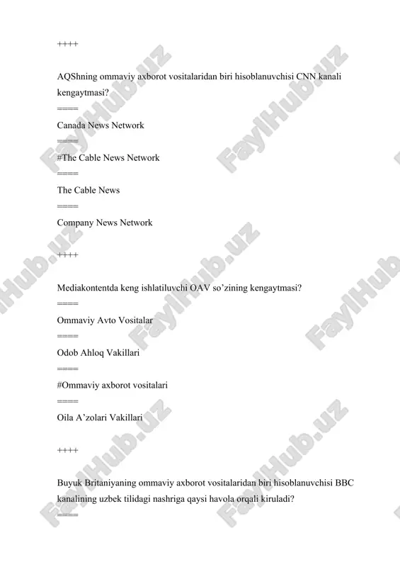 hirib tashlash ==== belgilab, no’shasi olingan yoki qirqib olingan ob’ektni qo’yish ++++ windowsda “vstavit” buyrug’i vazifasi? ==== belgilab olingan ob’ektni qirqib olish ==== belgilab olingan ob’ektdan no’sha olish ==== belgilab olingan ob’ektni o’chirib tashlash ==== #belgilab, no’shasi olingan yoki qirqib olingan ob’ektni qo’yish ++++ windowsda “kopirovat” buyrug’i vazifasi? ==== belgilab olingan ob’ektni qirqib olish ==== #belgilab olingan ob’ektdan no’sha olish ==== belgilab olingan ob’ektni o’chirib tashlash ==== belgilab, no’shasi olingan yoki qirqib olingan ob’ektni qo’yish ++++ windowsda “vstavit” buyrug’i vazifasi? ==== belgilab olingan ob’ektni qirqib olish ==== belgilab olingan ob’ektdan no’sha olish ==== #belgilab olingan ob’ektni o’chirib tashlash ==== belgilab, no’shasi olingan yoki qirqib olingan ob’ektni qo’yish ++++ grafik muharrirlar qanday dastur? ==== bu matnlar bilan ishlash dasturidir ==== shriftning ko`rinishi va shaklini tahrir qiluvchi dastur ==== #grafik tasvirlar bilan ishlash dasturi ==== diagramma tuzuvchi dastur ++++ paint grafik muharriri yordamida … mumkin. ==== #grafik tasvir yasash va tahrir qilish …