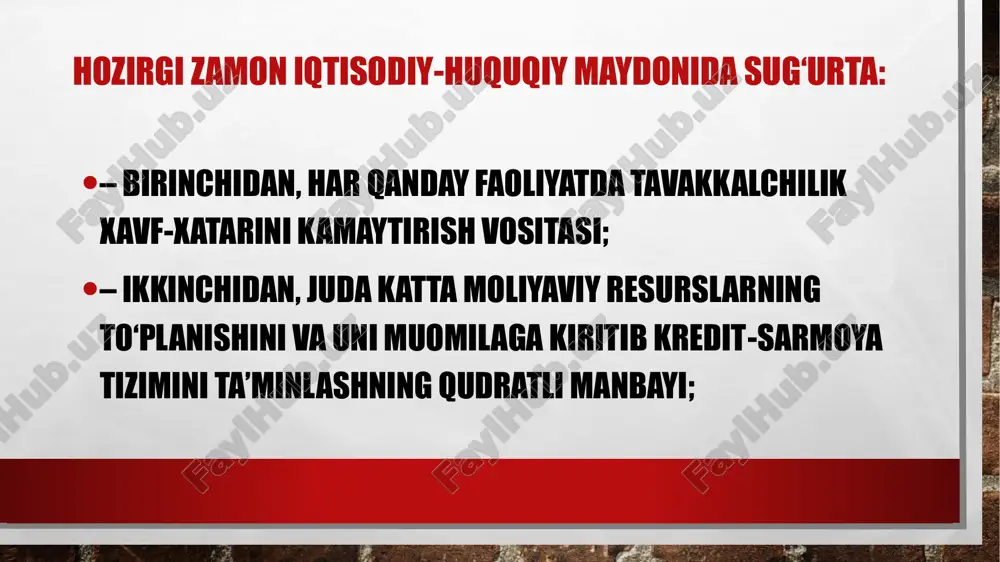 yuklar) turlari turkumlarini muayyan muddat davomida bir turdagi shartlarda muntazam sugʻurtalash, sugʻurta qildiruvchining sugʻurtalovchi bilan kelishuviga binoan bitta sugʻurta shartnomasi – bosh polis orqali amalga oshiriladi. sugʻurta qildiruvchi talabiga binoan bosh polisning taʼsir doirasida boʻlgan mol mulk alohida turkumlari boʻyicha sugʻurta polislari berilishi shart. sugʻurta shartnomasining muhim shartlari 1. sugʻurta obyekti boʻlgan mol mulk toʻgʻrisida 2. yuz berish ehtimoli koʻzda tutilib sugʻurta amalga oshirilayotgan voqea 3. sugʻurta hodisasi xususiyati 4. sugʻurta puli miqdori toʻgʻrisida 5. sugʻurta tovoni miqdorini aniqlash toʻgʻrisida 6. sugʻurta mukofotining miqdorini va toʻlash muddati toʻgʻrisida 7. shartnomaning amal qilish muddati toʻgʻrisida sugʻurtalovchining sugʻurta xavfini baholash huquqi sugʻurta qilinayotgan mol mulkni koʻzdan kechirish zarurati boʻlganda uning haqiqiy qiymatini belgilash maqsadida baholashdan oʻtkazilishi tashkil etiladi. agar shaxs boʻlgan taqdirda oʻsha shaxs sogʻligining haqiqiy holatini aniqlash uchun tekshirishga haqli. sugʻurta siri sugʻurtalovchi sugʻurta qildiruvchi ularning sogʻligining holati toʻgʻrisidagi yoki mulkiy ahvoli toʻgʻrisida oʻz kasb faoliyatini natijasida oʻzi olgan maʼlumotlarni oshkor …