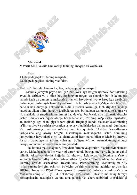 rziyoyev rahbarligida 2017 yil 16-avgust kuni bo‘lib o‘tgan yig‘ilishda maktabgacha ta’lim tizimini tarkibiy jihatdan tubdan isloh qilish, mazkurtashkilotlarga bolalarni to‘la qamrab olish bo‘yicha muhim vazifalar qo‘yilgan edi. bu boradagi tahlillar natijasida qisqa vaqtda uchta yirik hujjat — o‘zbekiston respublikasi prezidentining 9-sentabrdagi “maktabgacha ta’lim tizimini tubdan takomillashtirish chora-tadbirlari to‘g‘risida”gi pq-3261-sonli qarori, 30-sentabrdagi “maktabgacha ta’lim tizimi boshqaruvini tubdan takomillashtirish chora-tadbirlari to‘g‘risida”gi pf-5198-sonli farmoni hamda “o‘zbekiston respublikasi maktabgacha ta’lim vazirligi - faoliyatini tashkil etish to‘g‘risida”gi pq-3305-sonli qarori imzolangan. mazkur sohani takomillashtirish maqsadida qabul qilingan dasturda maktabgacha ta’lim sohasi o’z luksiz ta’lim tizimining birlamchi bo‘g‘ini sifatida, bu jarayonda maktabgacha ta’lim tashkilotlarining bolalar huquqiy savodxonligini shakllantirishdagi o‘rni hamda, respublikada ta’lim-tarbiya tizimi va barkamol avlodni tarbiyalash davlat siyosatining asosiy ustuvor yo‘nalishi ekanligi ta’kidlangan. o‘zbekiston respublikasi prezidenti 2016 yil 29-dekabrdagi “2017-2021 yillarda maktabgacha ta’lim tiziminiyanada takomillashtirish chora- tadbirlari to‘g‘risida”gi pq-2707-sonli qarorda belgilangan vazifalarni amalga oshirish jarayonida o‘zbekiston respublikasi konstitutsiyasi, bola huquqlariga oid meyoriy-huquqiy hujjatlar asosida ta’lim sohasida …