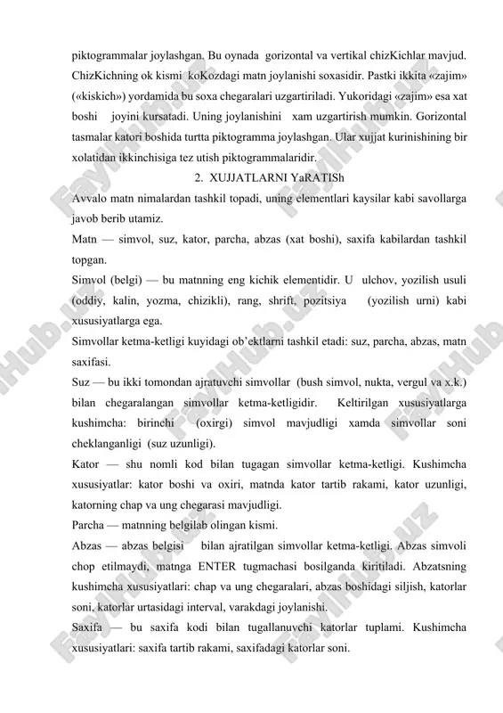 chap va ung chegaralari, abzas boshidagi siljish, katorlar soni, katorlar urtasidagi interval, varakdagi joylanishi. saxifa — bu saxifa kodi bilan tugallanuvchi katorlar tuplami. kushimcha xususiyatlari: saxifa tartib rakami, saxifadagi katorlar soni. asosiy global ob’ekt — matnning uzidir. kushimcha xususiyatlari: matn boshi va oxiri, matndagi katorlar soni, matnning varakda joylanishi. kompyuterga matn kiritish koidalari kuyidagicha: § simvol kursor turgan joyga kiritiladi. § sichkoncha kursatkichi kursorni kerakli joyga tez olib borish uchun ishlatiladi va matn terish jarayonida katnashmaydi. § enter tugmachasini fakat abzas oxirida bosish za rur. § matnni urtaga joylashtirish, abzas siljishini kuyish va matnni bir tomonga surish uchun «probel» (bush joy) tugmachasidan foydalanish tavsiya etilmaydi. § matn terish jarayonida uni tez-tez xotiraga saklab kuyish lozim. § saxifalarga tartib rakami klaviaturadan kiritilmaydi. § nukta va verguldan oldin bush simvol kuyish tavsiya etilmaydi. endi matnda xarakatlanish uchun ishlatiladigan asosiy tugmachalarni kurib chikaylik: bitta bush kator kiritish uchun kursorni oldingi katorning oxirgi simvolidan …