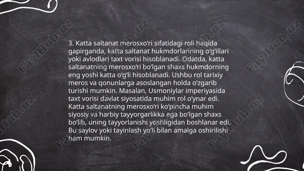 yilda 5 ta ikki tomonlama savdo shartnomasi imzolangan. shu vaqt ichida 12 ta davlat rahbari bilan rasmiy uchrashuvlar o'tkazilgan. 2005 yilgi saylovlarda uning partiyasi 60% ovoz to'plagan. u dastlabki 10 yil ichida 9 ta yirik siyosiy islohotlar amalga oshirgan. ... t.me/slaydai_bot 13. ulugʻbekning hukmronlik yillari ulugʻbek, toʻliq ismi muhammad taragay bin shohrux, 1394-yilda marvda tugʻilgan va temuriylar davlati hukmdori boʻlgan. u 1447-yildan 1449-yilgacha movarounnahrda hukmronlik qilgan. ulugʻbek samarqandni ilm markaziga aylantirgan. uning samarqanddagi rasadxonasi 1428-yilda qurib bitkazilgan va astronomiya sohasidagi kashfiyotlarga katta hissa qoʻshgan. ulugʻbekning asosiy ilmiy asari "ziji jadidi koʻragoniy" boʻlib, unda 1018 yulduzning koordinatalari aniqlangan. hukmronligi davomida ilm-fanga katta eʼtibor qaratdi, ammo 1449-yilning 27-oktyabrida ota-onasi oʻrtasidagi nizolar tufayli oʻgʻli abdulatif tomonidan oʻldirilgan. mirzo ulugʻbek-davlat arbobi va buyuk olim allayorov mironshoh e'tiboringiz uchun raxmat! image1.png image2.png image3.png image4.jpg image5.png image6.png image7.jpg image8.jpg image9.jpg /docprops/thumbnail.jpeg