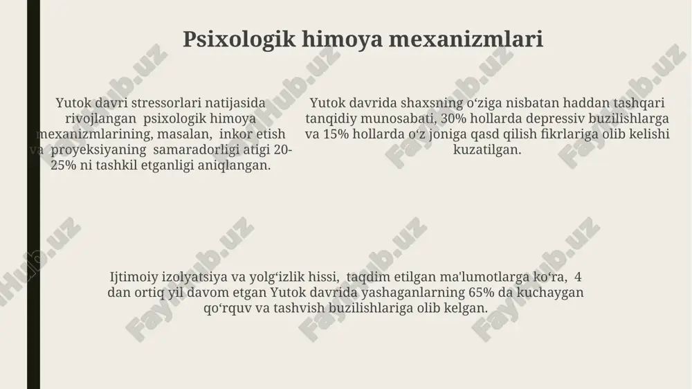 h oralig'ida, o'ziga xos "men-tushunchasi" shakllanadi, bu esa o'z-o'zini baholash va ijtimoiy munosabatlarning rivojlanishiga ta'sir qiladi. davrning psixologik portretlari ruhiy stress va tashvish darajasi, qurg'oqchilik va ocharchilik kabi omillar tufayli 35% ga ko'tarilgan, bu esa passiv agressiv xulq-atvor ko'rsatkichlarining oshishiga olib kelgan. o'rtacha umr ko'rish davomiyligi 40 yil atrofida bo'lib, bu o'lim qo'rquvi va o'limga tayyorgarlik bilan bog'liq bo'lgan ekzistensial psixologik xususiyatlarning yuqori darajasiga olib kelgan. o'rtacha umr ko'rish davomiyligi 40 yil atrofida bo'lib, bu o'lim qo'rquvi va o'limga tayyorgarlik bilan bog'liq bo'lgan ekzistensial psixologik xususiyatlarning yuqori darajasiga olib kelgan. yutok davri insonining emotsional dunyosi yutok davri insonining taqvodorlik va diniy qadriyatlarga asoslangan emotsional munosabatlari, 70% ga yaqin diniy marosimlar va an'analarga bog'liq bo'lgan ruhiy osoyishtalikni ta'minlashga qaratilgan edi. o‘rta asr adabiyoti va miniatyuralarida aks etgan his-tuyg‘ular tahlili, yutok davri insonining emotsional ifodasida cheklanganlik, 50% dan ortig‘i ijtimoiy bosim ostida yashirincha his-tuyg‘ularini yashirishga majbur bo‘lganligini ko‘rsatadi. yutok davri insonining emotsional …