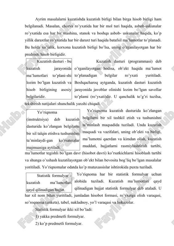 zatish ma’lumotlari qayd qilinadigan hujjat. yo’riqnoma har bir statistik formulyar uchun alohida tuziladi. kuzatish ma’lumotlari qayd qilinadigan hujjat statistik formulyar deb ataladi. u har xil nom bilan yuritiladi, jumladan hisobot formasi, ro’yxatga olish varaqasi, so’roqnoma (anketa), tabel, nakladnoy, yo’l varaqasi va hokazolar. statistik formulyar ikki xil bo’ladi: 1) yakka predmetli formulyar. 2) ko’p predmetli formulyar. kuzatish joyi - bu kuzatish birligi joylashgan makon. kuzatish joyi deganda makon yoki boshqa so’z bilan aytganda o’rganilayotgan hodisa ro’y berayotgan joy tushuniladi. hisobotda, asbob-uskunalar ro’yxatida va boshqa iqtisodiy resurslarni har xil shakl va usullarda kuzatishda korxona, tashkilot va muassasa joylashgan joy kuzatish joyi hisoblanadi. statistik kuzatish vaqti - bu kuzatish tenglashtirilgan fursat (payt) va o’tkaziladigan muddat. umuman keng ma’noda qaralganda, kuzatish vaqti hodisani o’rganish davridir, ya’ni uni tekshirish boshlangandan, to ma’lumotlarni olish nixoyasiga yetguncha o’tgan vaqt oralig’i (davr)dir. bu holda u ma’lumotlar tegishli bo’lgan vaqtni ham, ularni to’plash vaqtini ham o’z ichiga oladi. statistik …