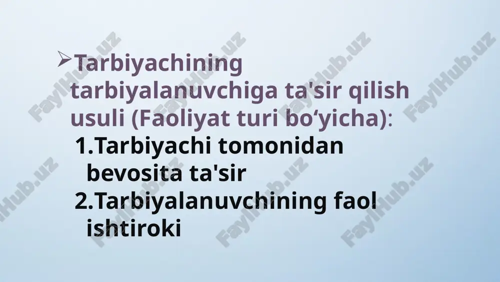 ierarxiyani aniqlashda qiyinchiliklar bo‘ladi. masalan, nazorat va rag‘batlantirish metodlari bir-birini to‘ldiradi, ammo qaysi biri ko‘proq ta'sir ko‘rsatishini aniqlash qiyin. shuningdek, ba'zi metodlar ijtimoiy, ba'zilari esa psixologik asosda ishlaydi, bu esa ularni tasniflashni yanada murakkablashtiradi. metodlarning o‘zgaruvchan tabiati (changing nature of methods) tarbiya metodlari jamiyatdagi ijtimoiy va madaniy o‘zgarishlarga qarab o‘zgaradi. masalan, ilgari samarali bo‘lgan metodlar, zamonaviy yoshlar uchun unchalik samarali bo‘lmasligi mumkin. ayniqsa, texnologiya va kommunikatsiya vositalarining tez rivojlanishi tarbiya metodlarini yangilashni talab qiladi. shu bois, tarbiya metodlarini klassifikatsiya qilishda ushbu metodlarning o‘zgaruvchan tabiati va vaqt o‘tishi bilan ularning ahamiyatini hisobga olish zarur. tarbiya metodlarini ilgari surishda e'tiborning noaniqligi tarbiya metodlarini qo‘llashda o‘qituvchi yoki tarbiyachi nima uchun bu metodni tanlashi, uning maqsadlari qanday bo‘lishi kerakligi haqida doimo aniq tasavvurga ega bo‘lishi lozim. lekin ko‘p hollarda, metodlarning maqsadlari va ularning tanlanish sabablari noaniq bo‘lishi mumkin. bu esa metodlarni klassifikatsiyalash va ularni samarali tarzda qo‘llashga to‘sqinlik qiladi. e’tiboringiz uchun rahmat image2.jpeg image3.jpeg …