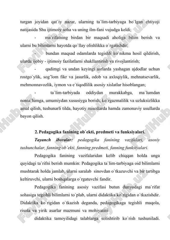 ariga asoslanib, yaratilgan ta`lim-tarbiya usul va uslublarini o`z hududida qaytadan sinab ko`rishlari shart. pedagogika fanining uchinchi va asosiy vazifasi pedagogik sohada asrlar davomida to`plangan bilimlarni dars berishning ma`lum usuli va uslublari yordamida, tasdiqlangan reja va dasturlar asosida o`qituvchilarga berish va bu bilimlarni amaliyotda qo`llashni o`rgatishdir. pedagogika-tarbiya haqidagi fan. pedagogikaning asosiy tushunchalari-tarbiya, o`qitish, rivojlantirish, ma`lumot va ularning o`zaro aloqasi. pedagogika (paydagogos-grekcha «bola» va «yetaklash» ma`nosini bildiradi) insonni shakllantirishda muayyan tizim, faoliyat hamda ta`lim-tarbiyaning mazmuni va metodlari haqida bahs yuritadi. pedagogikaning an`anaviy tushunchasi-o`sib kelayotgan avlodni tarbiyalash va o`qitish. xix asrgacha pedagogika to`g’risida shunda y tushuncha mavjud edi. hozirgi paytda pedagogika predmeti kengaydi, chunki yangi yo`nalishlar paydo bo`ldi. jumladan, kasb ta`limi pedagogikasi, o`rta maxsus, kasb-hunar ta`limi pedagogikasi, oliy ta`lim pedagogikasi va boshq. pedagogika fanining predmeti - o`qitishning, ta`lim-tarbiyaning zamonaviy qonuniyatlari, mazmuni, usullari, vositalari bilan insonlarni, yoshlarni, mutaxassislarni qurollantirish. 3. pedagogikaning asosiy kategoriyalari. tayanch iboralar: fanning asosiy tushunchalari, bilim berish, ma’lumot ta’lim tarbiya natijasidir, …
