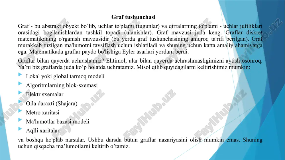 q (full) deyiladi, agar u 2t - 1 kalitni o'z ichiga olsa. xulosa men kurs ishimni daraxtlar va ularni qayta ishlash haqida yozdim. daraxtlar va ularni qayta ishlash mavzusida bajargan kurs ishimni bajarish davomida algoritm, garaf va daraxt haqida tariflar keltirdim. daraxtlarni pryufer kodini xosil qilish usuli haqida ma’lumot keltirdim va c++ da dasrtur kodini keltirdim. daraxtlarning turlari haqida ham ma’lumotlar keltirdim. xususan b-daraxt haqida ham. b-daraxtda bajarish mumkin bo’lgan dasturla keltirdim. foydalanilgan adabiyolar m.o‘. ashurov, sh.a.sattarova, sh.u.usmonqulov, “algoritmlar” , «fan va texnologiya» nashriyoti, 2018. h.to’rayev,“kombinatorika va graflar nazariyasi”, “ilm ziyo”, 2009, akbaraliyev b.b., yusupova z.dj. , “ma‟lumotlar tuzilmasi va algoritmlar”, toshkent 2013 toirov sh.a., raximov r.t., karimov m.m ,” “algoritmga kirish” fanidan laboratoriya ishlarini bajarish bo’yicha uslubiy ko’rsatma”, samarqand 2015, xayitmatov o’.t., inogomjonov e.e., sharipov b.a., ro’zmetova n., rahimboboeva d,” ma'lumotlar tuzilmasi va algoritmlari”, toshkent – 2011 л.и.домнин, “элименты теории графов” , “пенза издательство пензенского государственного университета“ ,2007 никлаус …