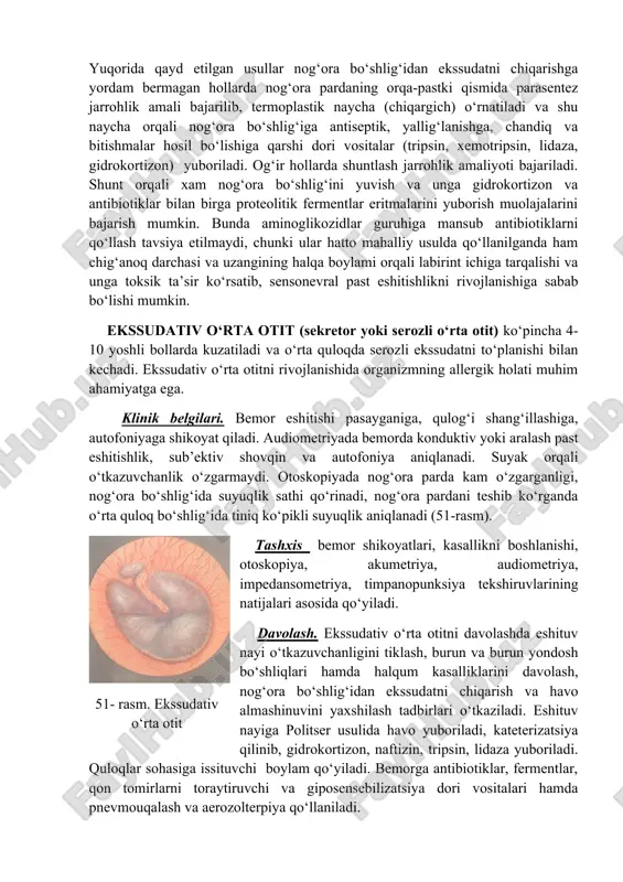 va suyak orqali eshitish qobiliyati shuncha yomonlashadi. eshituv nayi o‘tkazuvchanligi buzilishining i darajasida otoskopiyada nog‘ora parda kam o‘zgarganligi, ba’zan nog‘ora bo‘shlig‘ida suyuqlik sathi qo‘rinishi mumkin, nog‘ora pardani teshib ko‘rganda nog‘ora bo‘shlig‘ida tiniq ko‘pikli suyuqlik borligi aniqlanadi; ii darajasida – nog‘ora parda biroz xiralashganligi, ko‘kimtirligi, biroz ichkariga tortilganligi va harakati keskin cheklanganligi aniqlanadi, teshib ko‘rganda nog‘ora bo‘shlig‘idagi ajralmani so‘rib olish imkoni yo‘qligi (gel) aniqlanadi; buzilishning iii darajasida – nog‘ora parda xira, oqish rangda ekanligi, nog‘ora bo‘shlig‘i ichiga keskin tortilganligi va uning ichki devori va eshituv suyakchalari bilan birikib ketganligi tufayli harakatsiz ekanligi aniqlanadi. eshituv nayi kateterizatsiya qilinganda uning o‘tkazuvchanligi keskin pasayganligi (iii darajasi) yoki yo‘qotilganligi aniqlanadi. tashxis bemor shikoyatlari, otoskopiya, mikrootoskopiya, rinoskopiya, orqa rinoskopiya, faringoskopiya, akumetriya, audiometriya, impedansometriya, timpanopunksiya va klinik tekshiruvlar natijalari asosida qo‘yiladi. surunkali tubootit tashxisini aniqlashda impedansometriya tekshiruv usuli qimmatli ma’lumotlar olishga yordam beradi. bunda akustik refleks bo‘sag‘asini keskin oshishi, timpanometriya chizig‘ining o‘zgarishi aniqlanadi. davolash eshituv nayining havoni …