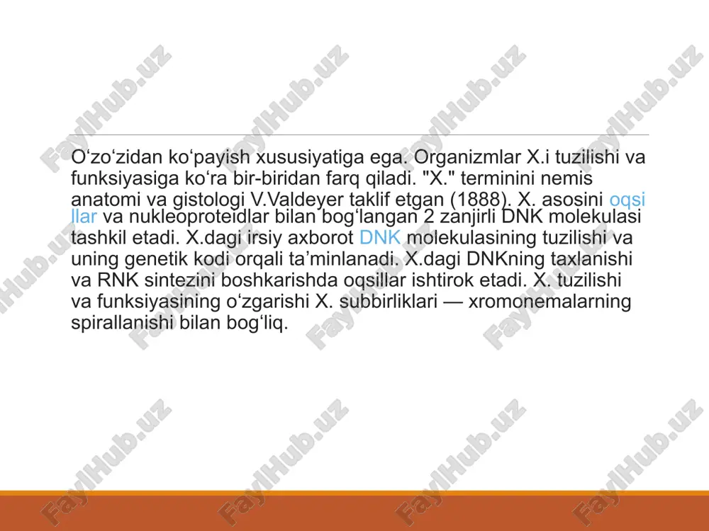 рганиш, оксил молекуласидаги аминокислоталарнинг жойлашиш тартибини тахлил килиш, вирусларнинг хромосомага таъсирини аниқлаш ва бошкалар. битта хромосомадаги генларнинг бир-бирига нисбатан киёсий жойлашувини тасвирловчи чизмага генетик ҳарита дейилади. генетик ҳарита тузиш анча машаккатли иш бўлиб, бунинг учун тажриба ўтказувчига шу организмда учрайдиган бир канча мутант генлар маълум бўлиши керак ва улар билан жуда кўплаб чатиштириш ишлари олиб боришга тўғри келади. генетик жихатдан жуда яхши ўрганилган организмлардагина уларнинг генетик ҳаритаси тўлик тузилган (дрозофила пашшаси, маккажўхори, нейроспора ва бошкаларда). жинс –белги хусусиятлар туплами жинс, бу белги ва хусусиятлар тўплами бўлиб, авлодлар ва улардаги ирсий белгиларни жинсий хужайралар (гаметалар) оркали юзага чиқаради. ҳар бир соматик хужайранинг энг аҳамиятли белгиларидан бири ундаги хромосомаларнинг жуфт сохталигидир. жуфт бўлган хромосомалар бир-бирларига жуда ўхшаш бўлади. аммо фақат бир жуфт хромосома бир-бирига ўхшамайди ва айрим организмларда битта хромосоманинг жуфти бўлмаслиги хам мумкин. ана шу ўхшамайдиган ва жуфти бўлмаган хромосомалар жинсни белгилашга алокаси борлиги учун бу хромосомаларни жинсий хромосомалар деб аталади. …