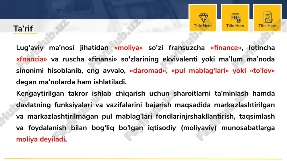 ere moliyaning muhim belgilari sifat miqdor markazlashtirilgan va markazlashtirilmagan pul fondlarini yaratish (vujudga keltirish). pul mablag'lari harakatining, odatda, bir tomonlama yo'nalishga ega ekanligi; qiymatning tovar shaklidagi harakatiga emas, aksincha, real pullarning harakatiga bog'liq bo'lgan, huquqiy normalar yoki biznesni yuritish etikasiga asoslangan munosabatlarni taqsimlashga qaratilganligi. iqtisodiy instrument yalpi ichki maxsulot milliy daromad agar pul umumiy ekvivalent bo'lib, uning yordamida umumlashtirilgan ishlab chiqaruvchilaming mehnat xarajatlari o'lchansa, moliya esa yalpi ichki mahsulot (yalm) va milliy daromad (md)ni taqsimlash va qayta taqsimlashning iqtisodiy instrumenti, pul mablag'lari fondlarini shakllantirish va ulardan foydalanish ustidan nazoratni amalga oshirish qurolidir. pul mablag'lari fondlari: markazlashtirilgan fondlar davlat va mahalliy o'z-o'zini boshqarish organlari darajasida tuziladigan fondlari (jamg’arma) markazlashtirilmagan fondlar xo'jalik sub’ektlari darajasida tuzilgan pul fondlari (jamg’arma) moliya quyidagilar o'rtasida vujudga keladigan pul munosa­batlarini ifodalaydi : • tovar-moddiy boyliklarni sotib olish, mahsulot va xizmatlarni realizatsiya qilish jarayonida korxonalar o'rtasida vujudga keladigan pul munosabatlari; • markazlashtirilgan pul mablag'lari fondlarini yaratish va ularni …