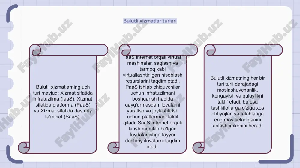 v bulutli monitoring va boshqarish bulutli texnologiyalarning muhim jihati hisoblanadi. bu korxonalarga bulutli resurslarini kuzatib borish va optimal ishlashni ta'minlash imkonini beradi. bulutli monitoring va boshqaruv vositalari yordamida korxonalar bulutli infratuzilmasining sog‘lig‘i va ishlashini kuzatishi, yuzaga kelishi mumkin bo‘lgan muammolarni aniqlashi va ishlamay qolishi yoki ishlash bilan bog‘liq muammolarning oldini olish uchun faol choralar ko‘rishi mumkin. bundan tashqari, bulutli monitoring va boshqarish vositalari korxonalarga bulutli muhitni optimallashtirish, resurslarni samarali taqsimlash va tejamkorlik imkoniyatlarini aniqlashda yordam beradigan tushuncha va tahlillarni taqdim etadi. bulutli zaxiralash va falokatdan tiklash bulutli zahira nusxasi va falokatni tiklash bulutli texnologiyalarning muhim tarkibiy qismidir. bulutli zaxira ma'lumotlarning muntazam ravishda zaxiralanishini ta'minlaydi va ma'lumotlar yo'qolgan taqdirda qayta tiklanishi mumkin. falokatni tiklash falokatdan keyin tizimlar va ma'lumotlarni tiklash jarayonlari va protseduralarini o'z ichiga oladi. bulutli texnologiyalarning kelajagi bulutli texnologiyalar biznesning ish uslubini inqilob qilmoqda va tezda texnologiya kelajagiga aylanmoqda. bulut yordamida korxonalar oʻz maʼlumotlarini istalgan joydan saqlashi va ulardan …