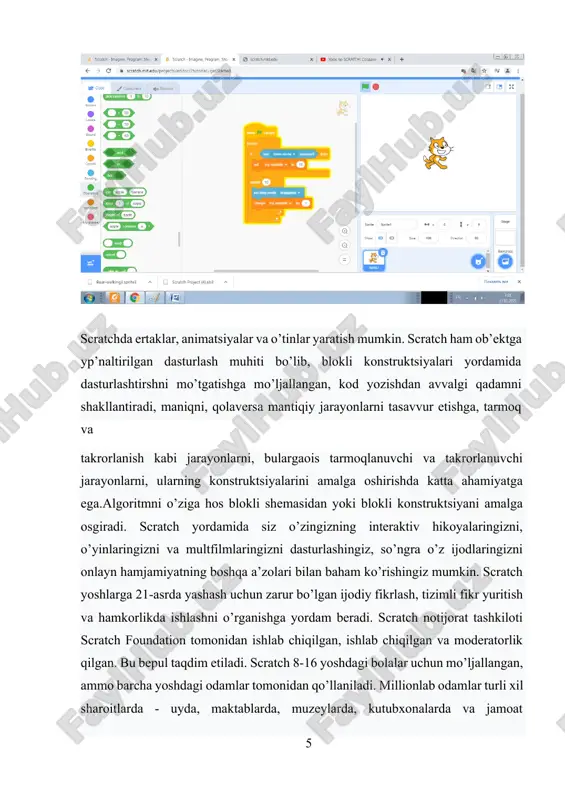 b koʻrishlari mumkin. ta’lim yoshlar scratch bilan nimani o’rganayotgani haqida bir sahifali umumiy ma’lumot uchun {learningwithscratch} sahifasiga qarang. maqolani {creativelearningapproach} da oʻqing. jamiyat biz barcha sayt aʼzolaridan hamjamiyat yoʻriqnomalariga amal qilishlarini soʻraymiz. biz shaxsiy hisob ma’lumotlariga kirishni ta’minlamaymiz. qo’shimcha ma’lumot olish uchun maxfiylik siyosatiga qarang. scratch turli o’rganish uchun mavzular bor, ularni o’rganib, o’z ustida ishlab o’qituvchilar yoki ota onalar bolalariga scratchda loyihalar yaratishni o’rgatisghlari mumkin. ismini yozish, harflarini burish hamda ularni turli ranglarda yonishini hosil qilish amallariga, unga oid konstruktsiyalarni topib qo’yishni amalga oshirsa bo’ladi. harflarni turli ranglar olishini va personajlarni harakatga keltirish uchun konstruktsiyalarni tanlab kon struktsiyalardan iborat kod yozadigan ekranga sudrab quyiladi. har bir harf ham personaj vazifasini o’taydi, ularni tugmani bosib. bi sphaning ohirida harflarni tanlash mumkin, harflarning ham turli variantlari va ko’rinishlari mavjud. turli blokli konstr uktsiyalardan bloklarni tanlab qo’yamiz, ismdagi harflar ham turli ranglarga o’zgaradi: har birta harf uchun shunday konstruktsiyalarni yozib chiqiladi va …