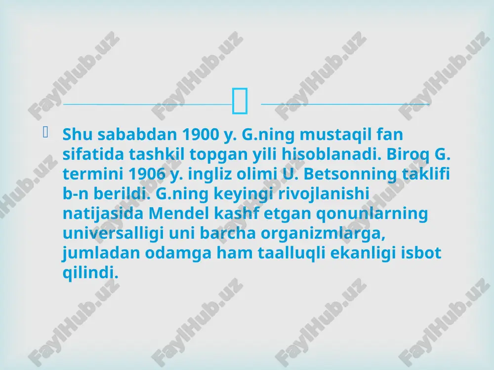sl qoldirganda, avlod organizmlar ajdodlardan tasodifiy allellarni saqlab qolishadi. shunday tasodifiy nasldorlik kombinatsiyasipunnett kvadrati deb ataluvchi sxemada ko’rsatilishi mumkin. allellar segregatsiyasi orqali kechuvchi diskret nasldorlikning bunday kuzatuv natijalari «mendel’ning birinchi qonuni» yoki «segregatsiya qonuni» deyiladi.  e’tiboringiz uchun raxmat  image3.png image5.jpeg image6.jpeg image7.jpeg image8.jpeg image9.png image10.png image11.jpeg image12.jpeg image13.png image14.jpeg /docprops/thumbnail.jpeg