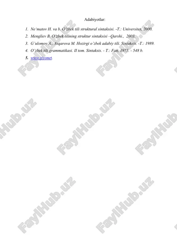 kesimning bog’lanishida birikuvchi unsurlarda bog’lanish omillari munosabati ikki xil kombinatsiyali bo’ladi: [shmj-mshj] va [mjsh-mshj]. bu hol va kesim birikuvida lsqlardan biri [wmsh-wpm] va ikkinchisi [w-wpm] ekanligini ko’rsatadi. adabiyotlar: 1. ne‘matov h. va b. o’zbek tili struktural sintaksisi. -t.: universitet, 2000. 2. mengliev b. o’zbek tilining struktur sintaksisi –qarshi., 2003. 3. g’ulomov a., asqarova m. hozirgi o’zbek adabiy tili. sintaksis. -t.: 1989. 4. o’zbek tili grammatikasi. ii tom. sintaksis. - t.: fan, 1975. - 548 b. 5. www.ziyonet.