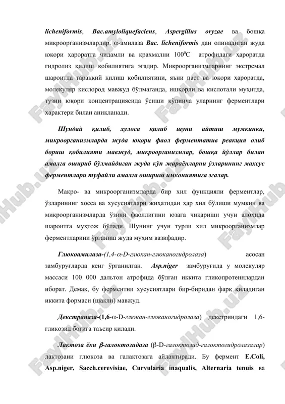 аги пептид боғларини узиш реакциясини катализ қилади, натижада эркин аминокислоталар ди- ва полипептидлар ҳосил қилади. бундай ферментлар жуда кўп. улардан айримлари кристалл ҳолатда олинган. микроорганизмлар протеиназаси ўзларининг хоссалари битлан тубдан фарқ қилиши мумкин. улар нейтрал бўлиши мумкин (bacillus subtillis, asp.terricola), кислотали (asp.foetidus) ва ишқорли, яъни рн нинг ҳар хил даражасида фаолдирлар. айрим микроорганизмлар бир қанча протеиназалар синтезлаш қобилиятига эгадирлар. масалан: actinomyces fradiae 6 та протеиназа синтезлайди. амилазалар – бактерия ва замбуруғлардан олинадиган амилазалар крахмални кичик молекуляр шакарлар: декстринлар, глюкозалар, мальтозаларгача парчалайди. бактериал протеазалар пишлоқ пиширишда ва тери оқлашда оқсилларни бузишда қўлланилади. bacillus sp. дан олинадиган глюкоизамераза ферменти глюкозани фруктозага айлантиришда ёрдамлашади. кейинги вақтларда олимларнинг диққат-эътиборини қуйидагилар ўзига тортмоқда : циклодикстринглюкозилтрансфераза (цдгг) га мослашиш, циклодекстринлар бирикмаларининг ишлаб чиқарилиши: кимёвий ва фармокологик ишлаб чиқаришда, озиқ-овқат маҳсулотлари сифатини оширишда, косметика ва бошқалар ишлаб чиқаришда зарурдир. липазалар - (3.1.1.3-триацил глицеролода гидролазалар липид (ёғ алмашинувида иштирок этадиган, катта амалий қизиқиш уйғотадиган ферментлар. пиво ва вино …