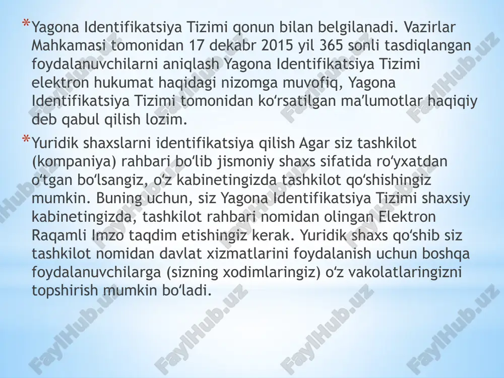 hini ta’minlashi shart”, deb alohida ko‘rsatilgan. davlat organlari axborot tizimlari tarkibiga quyidagilarni kiritish mumkin muayyan davlat organi tomonidan maqsad hamda vazifalarini amalga oshirishga xizmat qiluvchi tranzaksiyali va hisobdagi mavjud quyi tizimlar; - milliy axborot tizimi tarkibidagi, davlat organlari o‘rtasida axborot tizimlari orqali ma’lumot almashinishga xizmat qiluvchi quyi tizimlar; - davlat organi faoliyatida boshqaruv va ish jarayonini osonlashtirishga xizmat qiluvchi resurslarni boshqarishning quyi tizimlari; - davlat organlari faoliyatida ma’lumotlarni yig‘ish, qayta ishlash, saqlash va tahlil qilishga xizmat qiluvchi axborot-tahliliy quyi tizimlar; - elektron hujjat almashinuvining quyi tizimlari; - hujjatlarning elektron arxivini boshqarishga doir quyi tizimlar; - ekspluatatsiyani boshqarish(infratuzilma komponentlarini boshqarish tizimlari)ga oid quyi tizimlar; - davlat organi to‘g‘risida internet yoki boshqa kanallar orqali axborot yetkazish, jismoniy va yuridik shaxslar o‘rtasidagi o‘zaro aloqani ta’minlaydigan quyi tizimlar; - axborot xavfsizligini ta’minlaydigan quyi tizimlar; - hujjat tayyorlash va axborot almashish maqsadida davlat organi xodimlari tomonidan foydalaniladigan idoraviy quyi tizimlar. bugungi rahbar va ijrochi o’zining …