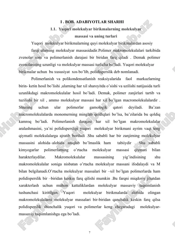 jasi har xil bo’lgan makromolekulalar aralashmasini, ya’ni polidispersligi yuqori molekulyar birikmani ayrim vaqt teng qiymatli molekulalarga ajratib boriladi .shu sababli har bir zanjirning molekulyar massasini alohida–alohida aniqlab bo’lmaslik ham tabiiydir . shu sababli kimyogarlar polimerlarning o’rtacha molekulyar massasi qiymati bilan harakterlaydilar. makromolekulalar massasining yig’indisining shu makromolekulalar soniga nisbatan o’rtacha molekulyar massani ifodalaydi va m bilan belgilanadi.o’rtacha molekulyar massalari bir –xil bo’lgan polimerlarda ham polidisperslik bir –biridan keskin farq qilishi mumkin .bu farqni miqdoriy jihatdan xarakterlash uchun muhim kattaliklardan molekulyar massaviy taqsimlanish tushunchasi kiritilgan. yuqori molekulyar birikmalarda alohida olingan makromolekulalarni molekulyar massalari bir-biridan qanchalik keskin farq qilsa polidisperslik shunchalik yuqori va polimerlar keng chegaradagi molekulyar- massaviy taqsimlanishga ega bo’ladi. quyi molekulyar moddalar uchun molekulyar massa m o’zgarmas qiymatga ega bo’lib, shu moddaning xarakterli kattaligi hisoblanadi. polimerlar uchun muhim kattalik hisoblangan molekulyar massa doimo o’rtacha qiymatga ega bo’lib, o’rtacha molekulyar massani m bilan ifodalanadi. o’rtacha molekulyar massalari bir xil bo’lgan polimerlarda ham …