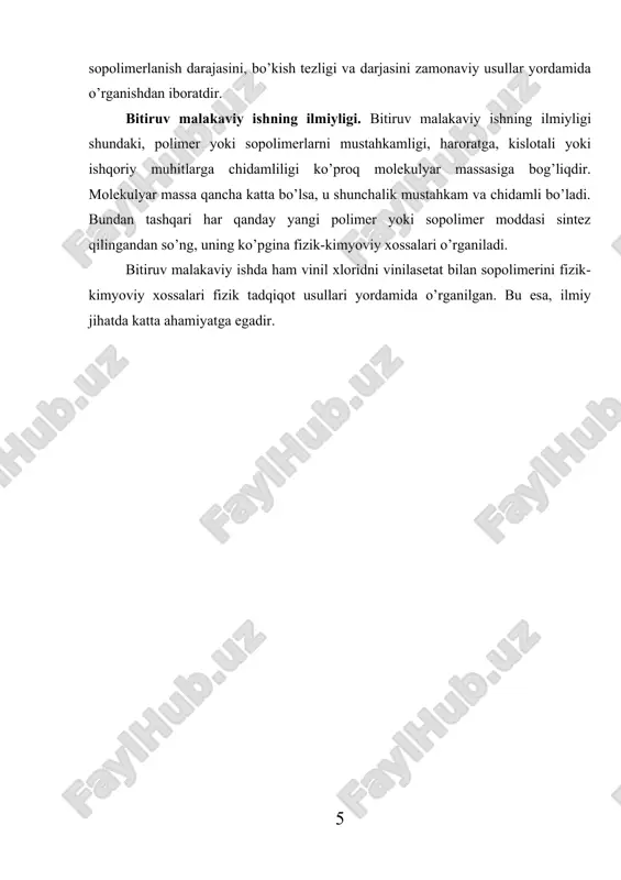 acha hajmiy molekulyar massalarga bo’linadi. o’rtacha raqamiy molekulyar massa – mn polimer namunasi umumiy massasining umumiy makromolekulalar soniga nisbati bilan aniqlanadi: _ n1m1+n2m2 + n3m3 + … ∑n1m1 mn = ----------------------------------- = ----------- = ∑nimi n1+n2+n3 +… ∑ni bu erda n1, n2 …,ni – molekulyar massasi m1, m2 …,mi bolgan makromolekulalar soni; i – polimer fraksiyasining tartib raqami; ni=ni/∑ni – aralashmadagi mi molekulyar massali fraksiyaning raqamiy ulushi. mn – ni aniqlashda makromolekula uchlaridagi guruh usuli (kimyoviy usul) va termodinamik (ebulioskopiya, krioskopiya, osmometriya) usullaridan foydalaniladi. o’rtacha vazniy molekulyar massa mw – mi molekulyar massali har bir fraksiyaning aralashmadagi massa ulushini hisobga oladi: _ n1m1 n2m2 nimi nim2i mw = m1 -------- + m2-------- + …+ mi--------- = ---------- = ∑ὼimi ∑n1m1 ∑n2m2 ∑nimi ∑nimi bu erda ὼi= nimi/∑nimi har bir fraksiya massasini, umumiy fraksiyalar massalari yig’indisiga nisbati. o’rtacha vazniy molekulyar massani aniqlash uchun yorug’lik nurini yoyish va sedimentasion muvozanat usullari qo’llaniladi. …