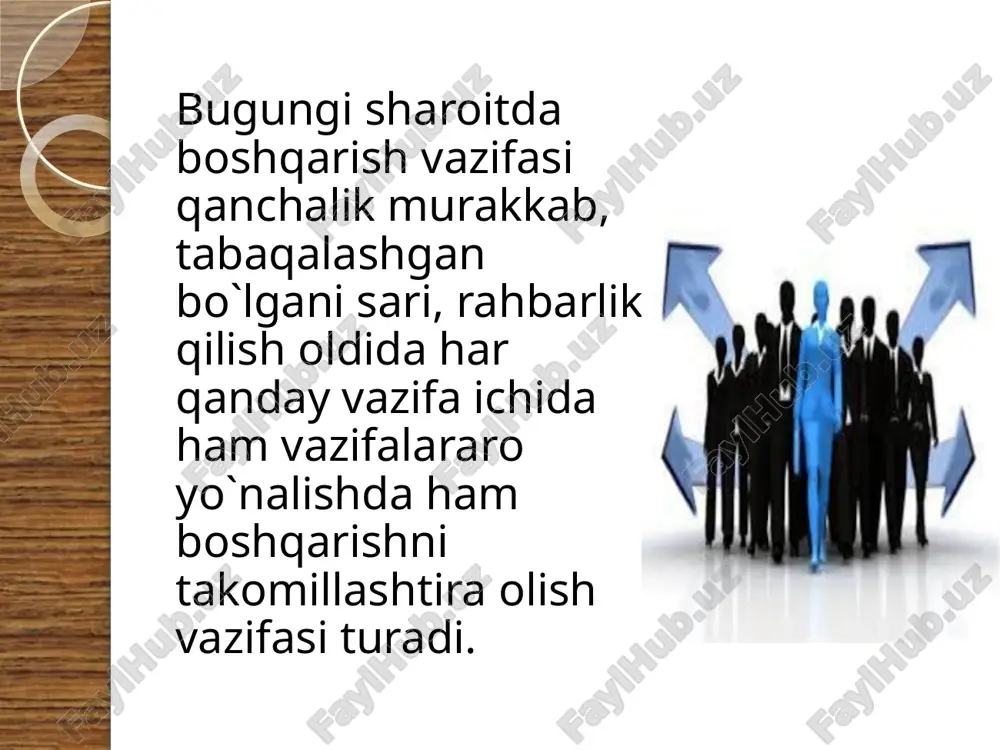 baning qiziqishlari ustida ishlash kabi intelektual tamoyillari yordamida boshqariladi. har qanday rahbarda intellekt - aql-zakovatning mahlum normasi bo`lishi kerak. bu norma yaxshi rahbar uchun o`rtadan yuqori bo`lmog`i muvofiqdir. chunki geniy darajadagi intellektga ega bo`lgan rahbar bilan ishlash odamlar uchun qator noqulayliklar keltirib chiqarishi mumkin, bunday aql-zakovat qolganlarning ijobiy rivojlanishiga psixologik to`siq bo`lishini amaliyot va hayot ko`rsatadi. rahbardagi o`rtadan yuqori intelektni qo’llab ketadigan yana boshqa muhim sifatlar borki, ular boshqarish ishining samarasiga ijobiy ta’sir ko`rsatadi foydalanilgan adabiyotlar ro’yxati: image2.jpeg image3.png image4.png image5.png image6.png image7.png /docprops/thumbnail.jpeg