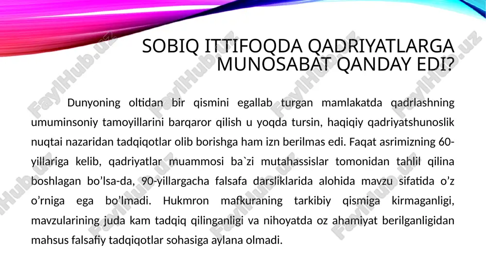 lanish ta`lim-tarbiya samaradorligining asosiy mezonlaridan biridir. adabiyotlar karimov i.a. yuksak ma`naviyat – yengilmas kuch. t., «ma`naviyat», 2008 yil. karimov i.a. o’zbekiston – mustaqillikka erishish ostonasida. t., 2011. karimov i.a. demokratik islohotlarni yahada chuqurlashtirish va fuqarolik jamiyatini shakllantirish – mamlakatimiz taraqqiyotining asosiy mezoni. 19 jild.t. o`zbekiston, 2011. karimov i.a. tarixiy xotira va inson omili – buyuk kelajagimizning garovidir. t., o’zbekiston, 2012. falsafa. t., 2006. falsafa qomusiy lug’at. t., "sharq", 2004. ro’ziyeva r. yoshlarda milliy va umuminsoniy qadriyatlarni shakllantirish. t., 2011 yil. nazarov q. qadriyatlar falsafasi. t., 2007. e’tiboringiz uchun raxmat!!! image2.png image3.png image4.jpeg image5.jpeg image6.jpeg image7.jpeg image8.jpeg image1.png /docprops/thumbnail.jpeg