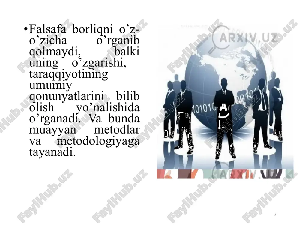 kinchi tomondan, ulardagi o’zgarishlar sifatida namoyon bo’ladi. taraqqiyot - tizimni yangilashga olib keluvchi ilgarilama o’zgarish. taraqqiyot (rivojlanish) moddiy obyekt va ma’naviy omillarning 1) yangi sifatlarini yuzaga keltiradigan; 2) takrorlanmaydigan, aniq yo’nalishda yuz beradigan; 3) qonuniyatli asosda ro’y beradigan tub o’zgarishlardir. mazkur uch xususiyat mavjud bo’lgandagina o’zgarish taraqqiyot darajasiga ko’tariladi. progress - murakkab tizimlarning yuqori va mukammal bosqichga o’tishini ta’minlaydigan rivojlanish turidir. regress - narsa, voqea, jarayonning inqirozi, orqaga kaytishidir. 17 qonun qonun - muayyan shart-sharoitda voqealar rivojining xususiyati va yo’nalishlarini belgilay- digan, ma’lum bir qat’iy natijani taqozo etadigan, obyektiv dunyodagi narsa va hodisalarning muhim, zaruriy, umumiy, ichki, barqaror munosabatlaridir. qonunlar olamdagi aloqadorliklarni aks ettirish xususiyatlariga ko`ra 3 turga bo`linadi tabiat qonunlari jamiyat qonunlari tafakkur qonunlari qonunlar amal qilish darajasiga ko`ra 3 turkumga bo`linadi eng umumiy qonunlar (falsafa qonunlari); umumiy qonunlar (jamiyat qonunlari); xususiy qonunlar (kulon qonuni). xususiy qonunlar narsa, hodisalarning o’rtasidagi nisbatan tor doiradagi aloqadorlikni funksional tarzda ifodalaydi. u muayyan …