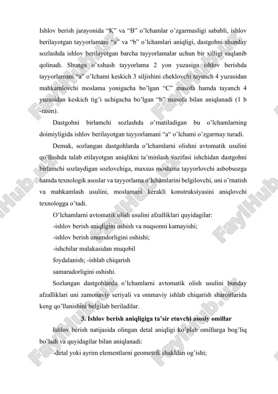 itlarida ishlov berish aniqligi ko’plab omillarga bog’liqligi sababli, dastgohlarda ishlov berishni erishiladigan emas, balki iqtisodiy aniqlik bilan olib boriladi. mexanik ishlov berishdagi iqtisodiy aniqlik me’yorli ishlab chiqarish sharoitlarida, kerakli moslamalar va asboblarni dastgohlarda ishlatish, vaqtni me’yorli ketkazish, yetarlicha malakadagi ishchilardan foydalanish orqali minimal tannarxda ishlov berish natijasida amalga oshiriladi. erishiladigan aniqlikka ishlov berish tannarxini hisobga olmasdan, ko’p xarajat, yuqori malakali ishchilardan foydalanish, ko’p vaqt sarflash orqali erishiladi. metallqirquvchi dastgohlarda ishlov berish aniqligiga quyidagi asosiy omillar ta’sir ko’rsatadi. 1. dastgohlarni geometrik noaniqligi. ular dastgohni asosiy detallari, qismlarini noto’g’ri tayyorlash va yig’ish, detallarni ishqalanuvchan yuzalarni yeyilishi, o’qlarni o’zaro perpendikulyarligi va paralelligini buzilishi, yo’naltiruvchilar, yurish vintlari va boshqalarni noaniqligi yoki nosozligi oqibatida kelib chiqadi. 2. kesuvchi asbobni tayyorlash darajasi va uni ish jarayonida yeyilishi. 3. o’lchamga asbobni o’rnatish va dastgohni sozlash noaniqligi. 4. ishlov berilayotgan tayyorlamani moslamaga o’rnatishdagi xatolik. 5. ishlov berish jarayonidagi kesuvchi kuch ta’sirida dastgoh-moslama-asbobdetal (dmad) texnologik tizimini yetarlicha bikr bo’lmasligi …