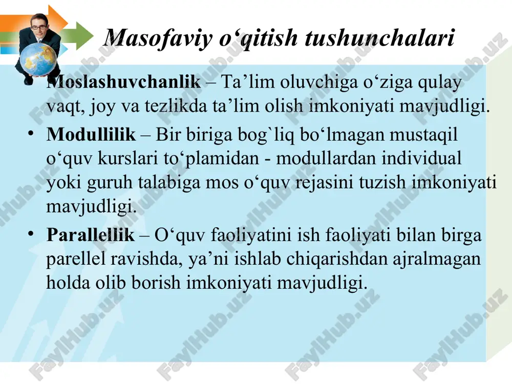таълим муассасасида қўлланиладиган масофавий ўқитишнинг бу иккиламчи модели ҳамма вақт ҳам фойдали бўлавермайди, чунончи ўқитишнинг асосий қисми таълим олувчилар томонидан қопланади. бу моделдан австралия университетларида фойдаланиб келинмоқда (http:// www.une.еdu.au). аралашган модель. бу модель масофавий ўқитишнинг турли шаклларини қамраб олади, тўғрироғи турли масалалар интеграцияси, масалан, таълим олувчилар ўқув материалининг маълум бир қисмини масофавий ўқитиш билан кетма-кет, бошқа қисмини параллел равишда кундузги бевосита ўқитиш орқали оладилар. ўқитишнинг бу интеграция шаклларидан массей ва янги зеландия университетларида фойдаланилмоқда (http://massey.ac.nz). консорциум ушбу модель иккита таълим муассасасининг ўзаро алоқасида олиб борилади, яъни ўқув материалларини ишлаб чиқариш ва уларни масофавий ўқитишда айрим функцияларни ўзаро бўлиб олишга асосланади. биринчи муассаса масофавий ўқитиш учун ўқув материалларини ишлаб чиқиш билан шуғулланса, иккинчи муассаса виртуал ўқув гуруҳларини ўқитиш воситалари ёки масофавий ўқитиш дастури ижросини таъминлайди. ўзаро алоқада, ишловчи бу муассасалар университет, ёҳуд таълим билан шуғулланувчи марказлар, факультетлар ва ҳатто тадбиркорлик ва давлат ташкилотлари ҳам бўлиши мумкин. ўқитишнинг бу моделидан масалан, канадада …