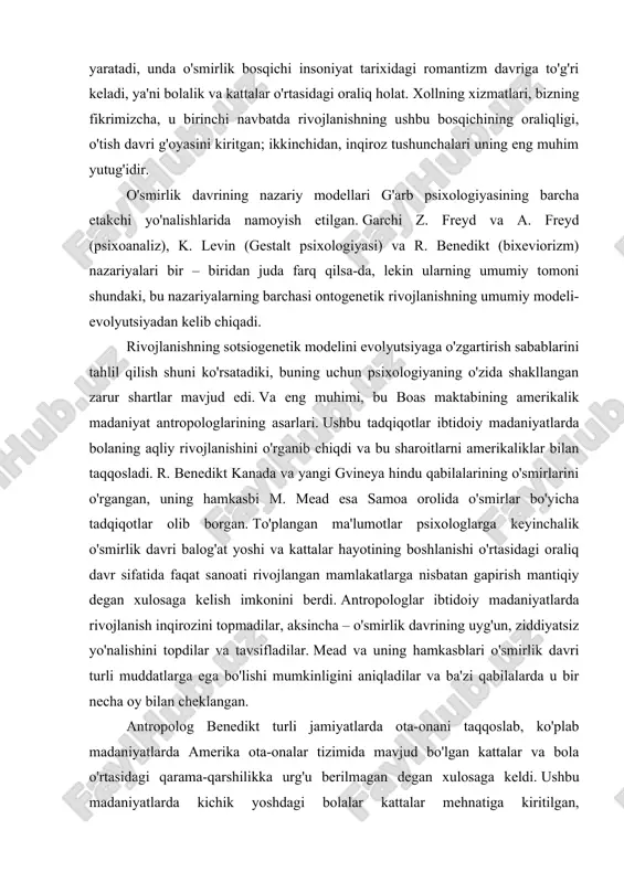 giyasi, psixoanaliz va boshqa g'arb nazariyalari bir xil talqin qilinmaydi. o'smirlik davrini o'rganishda e. shprangerning nazariyasi alohida o'rin tutadi, u shaxsning ichki dunyosi hech qanday tabiiy yoki ijtimoiy determinantlarga tubdan kamaytirilmaydi, deb hisoblagan. 14-17 yil bilan cheklangan o'smirlik davri bolalik qaramligidan xalos bo'lish istagi bilan bog'liq inqiroz bilan tavsiflanadi. ushbu yoshdagi asosiy neoplazmalar "men" ning kashf etilishi, aks ettirishning paydo bo'lishi, ularning individualligini anglashdir. ammo, o'z-o'zini anglash jarayoni va qiymat yo'nalishlarini tizimli o'rganishni boshlagan shpranger, bizning fikrimizcha, ushbu amaliy faoliyat jarayonida etakchi rolni aniq baholamagan. shprangerning nazariy qoidalari tomonidan aniqlangan sh. buller. uning fikriga ko'ra, o'smirlik bosqichi yoshlik davrining salbiy bosqichi bo'lib, uning xarakterli xususiyatlari: tashvish, asabiylashish, tajovuzkorlik, maqsadsiz isyon, tegishli jismoniy va ruhiy imkoniyatlar bilan mustahkamlanmagan mustaqillikka intilish. biroq, biz buller o'smirlik davrini juda bir tomonlama aniqlagan deb hisoblaymiz. psixoanalitik an'ana ijtimoiy muhit omillari ichki oilaviy munosabatlarga kamayadi. kelib chiqishi z. freyd bo'lgan ushbu yo'nalish libido energiyasini, barcha ehtiyojlarning …