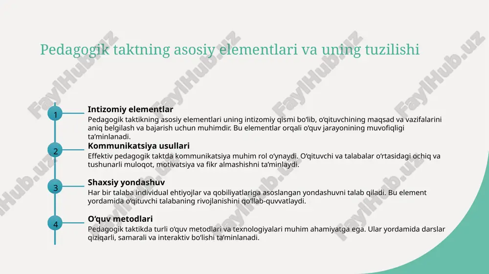 qadriyatlar milliy madaniyatlar va qadriyatlar pedagogik taktikni shakllantirishda muhim rol o‘ynaydi. ular o‘qituvchilarga madaniy an’analar va urf-odatlarni hisobga olish imkonini beradi. 2 an'analar va urf-odatlar har bir milliy madaniyat o‘zining an’analari va urf-odatlariga ega bo‘lib, ular pedagogik jarayonda ta’lim uslublarini moslashtirishda asosiy yo‘nalishdir. 3 yosh avlodga ta’sir madaniyat va qadriyatlar yoshlar ongiga ta’sir qiladigan asosiy elementlar bo‘lib, ular orqali pedagogik taktiklar yanada samarali va madaniyatga mos bo‘ladi. turli madaniyatlardagi pedagogik taktikning rivojlanish tarixiy jarayonlari 1 madaniyatlararo ta'sir pedagogik taktiklarning rivojlanishi madaniyatlararo aloqalar bilan bevosita bog‘liq bo‘lib, turli xalqlar va madaniyatlarning pedagogik yondashuvlari o‘zaro ta'sir natijasida shakllangan. bu jarayon tarix davomida o‘zgargan va yangi uslublar paydo bo‘lgan. 2 tarixiy rivojlanish o‘zbekistonda va boshqa madaniyatlarda pedagogik taktikning rivojlanishi qadimiy davrlardan boshlab, zamonaviy pedagogik nazariyalar bilan uyg‘unlashgan. bu jarayon milliy an’analarga asoslangan yondashuvlarni shakllantirdi. 3 madaniyatlararo muloqot madaniyatlararo pedagogik taktiklar, o‘qituvchilar va talabalar o‘rtasidagi muloqotni rivojlantirish uchun muhimdir. bu usullar madaniyatlararo tushunishni oshiradi …