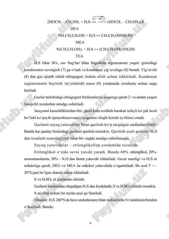 meevik (ilonsimon) sovutgich (5) sovuq suvda ishlaydi va sovutiladi. kondensatsiyalangan s yig‘uvchi idish (12) ga boradi. 4-chi kolonnadan chiqayotgan gaz 6-qizdirgichda qizdiriladi (260°s gacha) va 7- reaktorga uzatiladi. reaktor tabiiy boksit bilan to‘ldirilgan bo‘lib, u h2s ni yanada to‘liq aralashishiga olib keladi. reaktordan chiqayotgan gazlar qozon (3) dan kelayotgan suv yordamida sovutiladi – ekonomayzerda (8) va u (9) – yuvuvchi kolonnaga boradi. bu kolonnani pastki qismida ham sovutuvchi zmeevik – 10 joylashgan. hosil bo‘lgan s – 12 – yig‘uvchiga yuboriladi. 9-chi kolonnadan chiqayotgan gazlar 11 – mo‘riga borib, u yerda oxirigacha yoqiladi (h2s ni qolgan qismi): so2:n2 = 2:1 → reaktorga n2so4 ni olinishi (n2s dan) uchta asosiy bosqichdan iboratdir. bular: n2s ni havo bilan yoqish (so2 olish uchun), so2 ni katalizator yordamida so3 gacha oksidlash, n2so4 ni olish. 3-rasm. n2so4 ni olish sxemasi. n2s ni yoqishda katta q chiqadi, shuning uchun tutashtiruvchi qurilmaga gaz aralashmasi sovutilib borishi kerak. n2s …