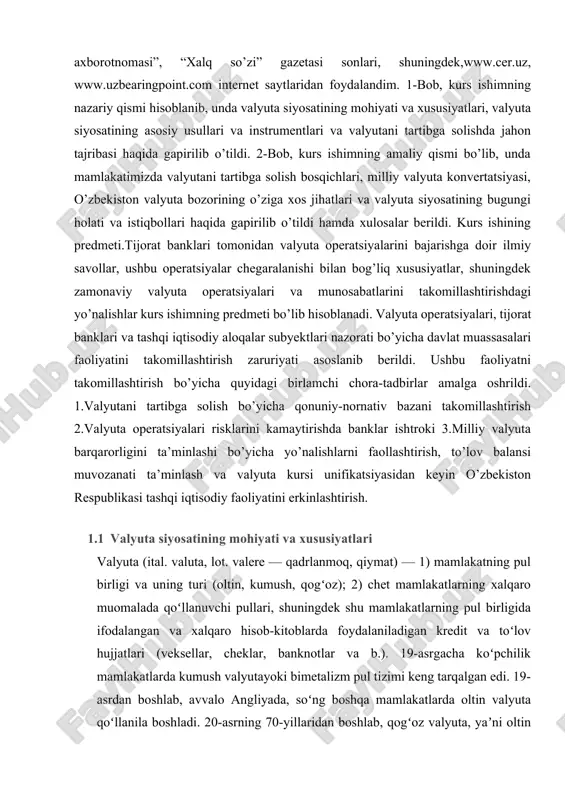 0-yillaridan boshlab, qogʻoz valyuta, yaʼni oltin va kumushga almashtirilmaydigan banknot va qogʻoz pullar xarakterlidir. ular inflyatsiyaga uchrab turadi, qadrsizlanadi, natijada davlat tomonidan devalvatsiya tadbirlari oʻtkaziladi. kursi barqaror valyutalar qadri baland valyutalar deyiladi.valyutalar erkin almashtiriladigan (har qanday chet el valyutasiga cheklanmagan miqdorda almashtiriladi, har qanday mamlakatga erkin oʻtkaziladi), qisman almashtiriladigan (valyutaalmashuvi u yoki bu egalar, u yoki bu valyuta harakatlari bilan chegaralanadi), almashtirilmaydigan (bir mamlakat doirasida amal qiladigan) turlarga boʻlinadi. xalqaro toʻlov muomalasi erkin almashtiriladigan yoki xalqaro valyuta fondi belgilagan kurs boʻyicha erkin almashtiriladigan valyutalarbilan bajariladi. oʻzbekistan respublikasi milliy valyutalar birligi — soʻm 1994-yil 1-iyuldan muomalaga kiritilgan. valyuta atamasi quyidagilarga nisbatan qo'llanishi mumkin:  tovarlar qiymatini o'lchash uchun foydalaniladigan pul birligi;  mamlakatda qabul qilingan pul birligi, xorijiy davlatlarning pul belgilari;  muomala va to'lov ko'rinishidagi kredit vositasi (veksel, chek). valyuta siyosati — davlatning mamlakat ichida va undan tashqarida valyutaga, valyuta kursida, valyuta operatsiyalariga taʼsir koʻrsatish chora-tadbirlari; davlat iqtisodiy siyosatining va …