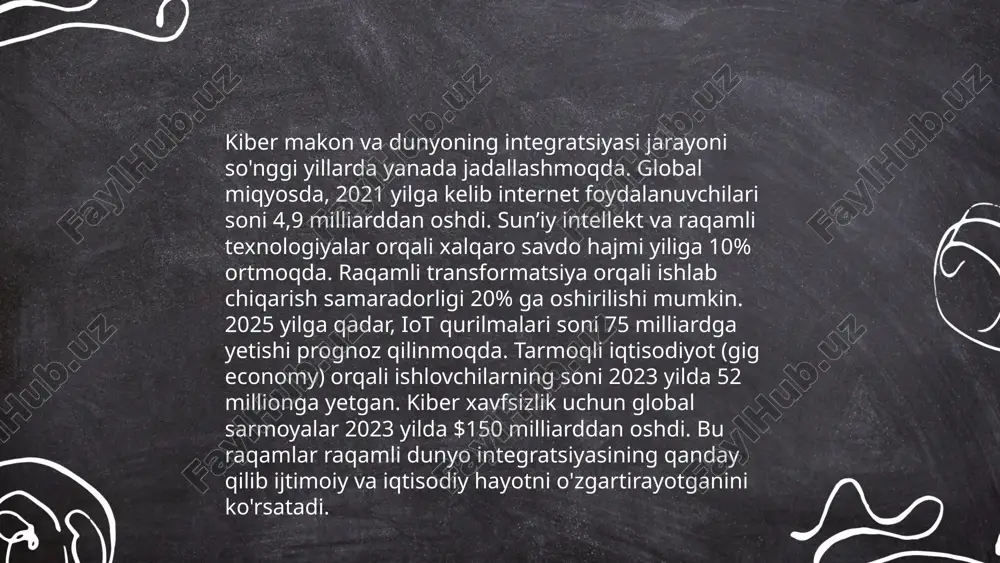 diniy ma'lumotlar, kitoblar, ma'ruzalar va videolar yuklanadi va ulardan foydalanish imkoni mavjud. bugungi kunda, o'zbekistonda internet foydalanuvchilari soni 2023 yilga kelib 26 milliondan oshdi, ulardan ko'pchilik diniy kontentga kirish imkoniga ega. diniy mafkuralar tarqalishida ijtimoiy tarmoqlar, forumlar va video platformalar muhim rol o'ynaydi. biroq, noto'g'ri ma'lumotlarning tarqalishi xavfi ham mavjud bo'lib, diniy masalalarda ehtiyotkorlik talab etiladi. ... t.me/slaydai_bot 12-mavzu: dinlararo dialog va raqamli platformalar dinlararo dialog — turli din vakillarini muloqotga chorlab, tinchlik va tushunchani mustahkamlashga xizmat qiladi. raqamli platformalar, masalan, ijtimoiy tarmoqlar va onlayn-forumlar bu jarayonni global miqyosda yengillashtiradi. 2020-yilda dunyo aholisining qariyb 60 foizi internetdan foydalangani sababli, bu platformalar turli dinlar vakillari oʻrtasida muhokamalar va madaniy almashinuvlar uchun imkoniyat yaratadi. shuningdek, 40 foizdan ortiq yoshlar raqamli platformalardan faol foydalanadi, bu esa kelajak avlodlar uchun dinlararo tushunishni mustahkamlashda muhim o‘rin tutadi. shu bilan birga, sun'iy intellekt va tarjima texnologiyalari turli til vakillari o‘rtasidagi muloqotni osonlashtiradi. ... t.me/slaydai_bot 13. zamonaviy …