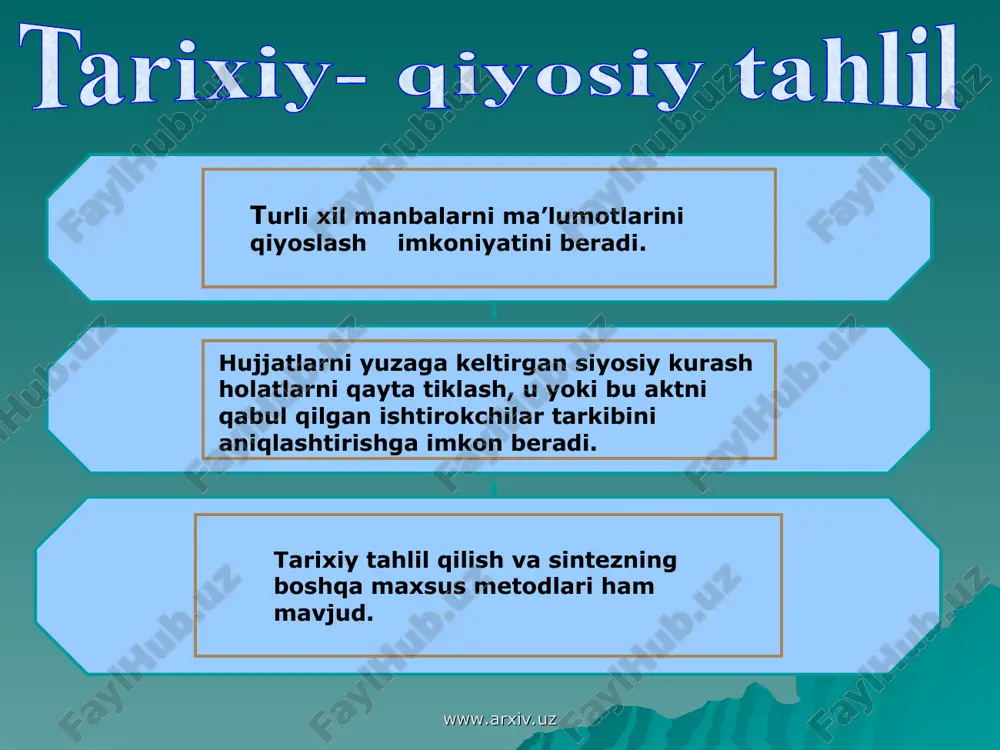 iy metodga qiziqish qayta tug’ildi turli xil madaniy qadriyatlar va normalarni qiyosiy chiziqda o’rganish madaniy-tarixiy tiplar, nazariyalarda berilgan (p.sorokin, a.toynbi). biroq har bir madaniyat yaxlit yopiqlikda chiqadi va ularni bir-biriga transformatsiyasi va rivojlanishi jarayoni qarab chiqilmaydi. qator ijtimoiy muassasalarni misol uchun olib qiyosiy tahlil qilish da’vom etmoqda (r.benedikt, m.mig aqsh va boshqalarda). qiyosiy-tarixiy metodning ahamiyatini qayta mushohada qilish an’anasi madaniy antropologiya va tilshunoslik uchun xosdir. 1960-yilda sivilizatsiyalarni qiyosiy o’rganish xalqaro jamiyati tashkil topdi. www.arxiv.uz www.arxiv.uz qiyosiy-tarixiy metod tarixchilar foydalanadigan bilish usullaridan biri hisoblanadi. biror-bir ilmiy tadqiqot usiz amalga oshmaydi. bu metodning zarurligi va qo`llash imkoniyati bilish obyektini xususiyati-tarixiy voqelikni umumiylikning yaxlitligi sifatida takrorlanadigan va yagonalikni, turli hodisa va jarayonlarda takrorlanmaslik bilan shartlanadi. www.arxiv.uz www.arxiv.uz foydalanilgan adabiyotlar: karimov i.a. tarixiy xotirasiz kelajak yo`q. t: “o`zbekiston” 1998-y. karimov i.a. yuksak ma’naviyat- yengilmas kuch. t.: “ma’naviyat”, 2008-y. rajabov.r ,, tarix fani metodologiyasi asoslari “ t: “istiqlol” 2013-y. www.arxiv.uz www.arxiv.uz