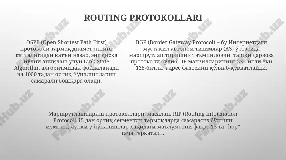 rak. optimal tarmoq topologiyasini tanlashda, tugunlar soni va ular orasidagi masofani hisobga olib, masalan, yulduzsimon yoki halqa topologiyalarni qo'llash mumkin. ip-manzillar va subnetlar classless inter-domain routing (cidr) notatsiyasi, masalan, 192.168.1.0/24, ip-manzil va subnet maskasini bitta qisqa yozuv sifatida ifodalaydi, bu esa tarmoq konfiguratsiyasini soddalashtiradi va yozuvni qisqartiradi. subnetlar ip-manzillar diapazonini kichikroq, boshqariladigan tarmoq segmentlariga bo'lish imkonini beradi, bu esa tarmoq samaradorligini oshiradi va xavfsizlikni yaxshilaydi, masalan, /24 subnet 254 ta xostni qo'llab-quvvatlaydi. subnetlar ip-manzillar diapazonini kichikroq, boshqariladigan tarmoq segmentlariga bo'lish imkonini beradi, bu esa tarmoq samaradorligini oshiradi va xavfsizlikni yaxshilaydi, masalan, /24 subnet 254 ta xostni qo'llab-quvvatlaydi. tarmoq xavfsizligi tarmoq xavfsizligini ta'minlashda kamida 2 omil muhim: kuchli parol siyosati va muntazam ravishda yangilanadigan antivirus dasturi. bu 90% kiberhujumlarni oldini olishga yordam beradi. firewall devorlari va intrusion detection/prevention system (ids/ips) kabi tarmoq xavfsizlik qurilmalari, tarmoqqa kirishni nazorat qilish va potentsial tahdidlarni aniqlashda muhim rol o'ynaydi. ular 7 qatlamli osi modelini himoya …