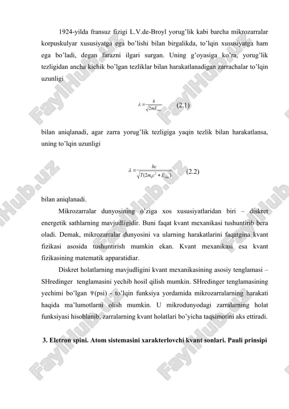 d tajribalaridan yadro atomning asosiy massasini o’zida mujassamlashtirgan musbat zaryadli zarra ekanligi aniqlandi. 1919-yilda rezerford elektrondan keyingi elementarr zarracha - protonni kashf etdi. proton massasi elektron massasidan 1836,1 marta katta bo’lgan, elektr zaryadi elektron zaryadiga, spini esa ga teng bo’lgan musbat zaryadli turg’un elementar zarra. 1920-yili rezerford massasi proton massasiga teng bo’lgan neytral zarracha mavjudligini taxmin qildi va u 1932-yilda ingliz fizigi d. chedvik tomonidan aniqlandi. bu zarrachani neytron deb ataldi. keyinroq atom yadrosi proton va neytronlardan tuzilgan deb, ularni birgalikda nuklonlar deb nomlandi. yadrodagi nuklonlar soni a yadroning massa soni bo’lib, neytronlar soni (4.1) dan topiladi, bunda z - protonlar soni. yadroni belgilash uchun zxa belgilash ishlatiladi. yadrodagi protonlar soni o’zgarmaydigan yadrolar guruhiga izotoplar deyiladi. masalan: 1h1, 1h2, 1h3. yadrodagi neytronlar soni o’zgarmaydigan yadrolar guruhiga izotonlar deyiladi. masalan: 1h3, 2he4, 3li7, 4be8. massa soni o’zgarmasdan qoladigan yadrolar guruhiga izobarlar deyiladi. masalan: 1h3, 2he3, 18az40, 20ca40. 5. yadroning bog’lanish va …