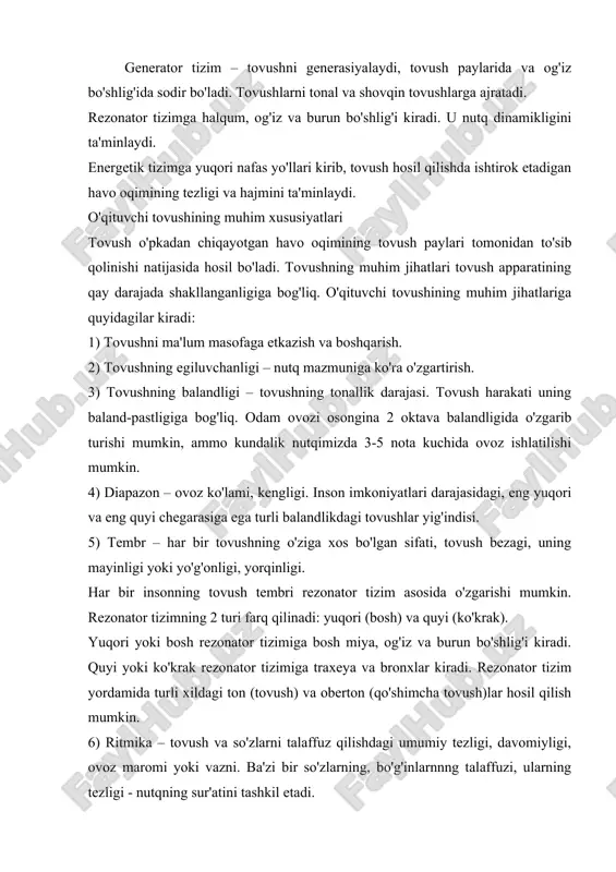 i (ko'krak). yuqori yoki bosh rezonator tizimiga bosh miya, og'iz va burun bo'shlig'i kiradi. quyi yoki ko'krak rezonator tizimiga traxeya va bronxlar kiradi. rezonator tizim yordamida turli xildagi ton (tovush) va oberton (qo'shimcha tovush)lar hosil qilish mumkin. 6) ritmika – tovush va so'zlarni talaffuz qilishdagi umumiy tezligi, davomiyligi, ovoz maromi yoki vazni. ba'zi bir so'zlarning, bo'g'inlarnnng talaffuzi, ularning tezligi - nutqning sur'atini tashkil etadi. 7) temporitm - so'zlar orasidagi tanaffuslardir. 8) nutq tezligi o'qituvchining shaxsiy sifatlari, nutq mazmuni, muloqot qilish vaziyatiga, har bir o'qituvchining fazilati nutq mazmuni va muomala vaziyatiga bog'liq. individual tarzda tashkil etiladigan maqsadli va aniq yo'naltirilgan mashqlar tovush tembriga ta'sir etadi, tovushdagi noo'rin qo'shimcha tovushlarni yo'qotishga yordam beradi. diksiya. diksiya – tovush va so'zlarni aniq, tushunarli talaffuz qilish, ya'ni tovush hosil qilishda lab, til, jag', yumshoq va qattiq tanglay, tilcha, halqum, tovush paylari ishtirok etadi. agarda ulardan birortasining faoliyati buzilsa diksiya buziladi. diksiya-talaffuz tarzi, talaffuzni aniq ravshanligi …
