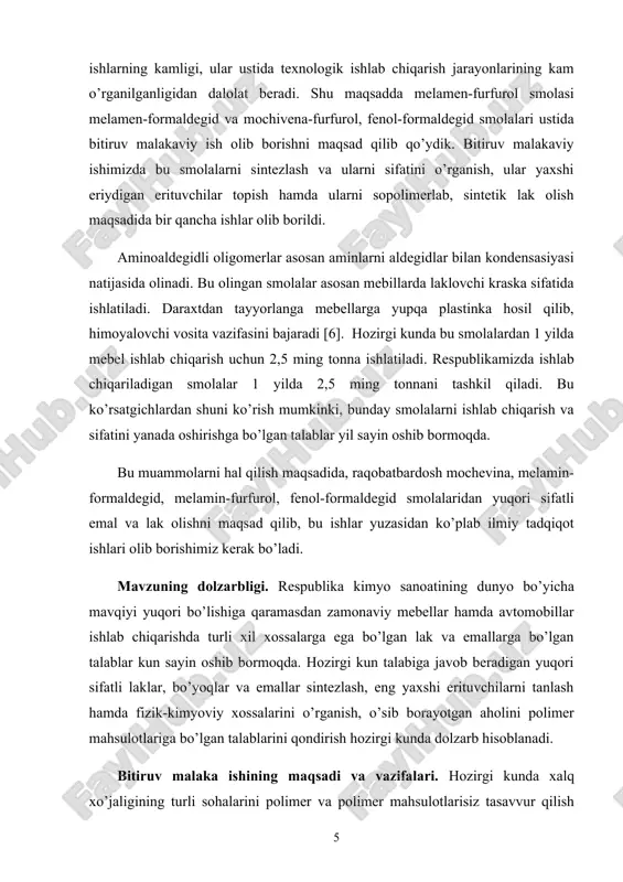 nani tashkil qiladi. bu ko’rsatgichlardan shuni ko’rish mumkinki, bunday smolalarni ishlab chiqarish va sifatini yanada oshirishga bo’lgan talablar yil sayin oshib bormoqda. bu muammolarni hal qilish maqsadida, raqobatbardosh mochevina, melamin-formaldegid, melamin-furfurol, fenol-formaldegid smolalaridan yuqori sifatli emal va lak olishni maqsad qilib, bu ishlar yuzasidan ko’plab ilmiy tadqiqot ishlari olib borishimiz kerak bo’ladi. mavzuning dolzarbligi. respublika kimyo sanoatining dunyo bo’yicha mavqiyi yuqori bo’lishiga qaramasdan zamonaviy mebellar hamda avtomobillar ishlab chiqarishda turli xil xossalarga ega bo’lgan lak va emallarga bo’lgan talablar kun sayin oshib bormoqda. hozirgi kun talabiga javob beradigan yuqori sifatli laklar, bo’yoqlar va emallar sintezlash, eng yaxshi erituvchilarni tanlash hamda fizik-kimyoviy xossalarini o’rganish, o’sib borayotgan aholini polimer mahsulotlariga bo’lgan talablarini qondirish hozirgi kunda dolzarb hisoblanadi. bitiruv malaka ishining maqsadi va vazifalari. hozirgi kunda xalq xo’jaligining turli sohalarini polimer va polimer mahsulotlarisiz tasavvur qilish qiyin. sanoatning eng yirik tarmoqlarida rezina, plastmassa, kimyoviy tolalar, polimer pardalar, izaliasion materiallar, trubalar, turli xil kattalikdagi …