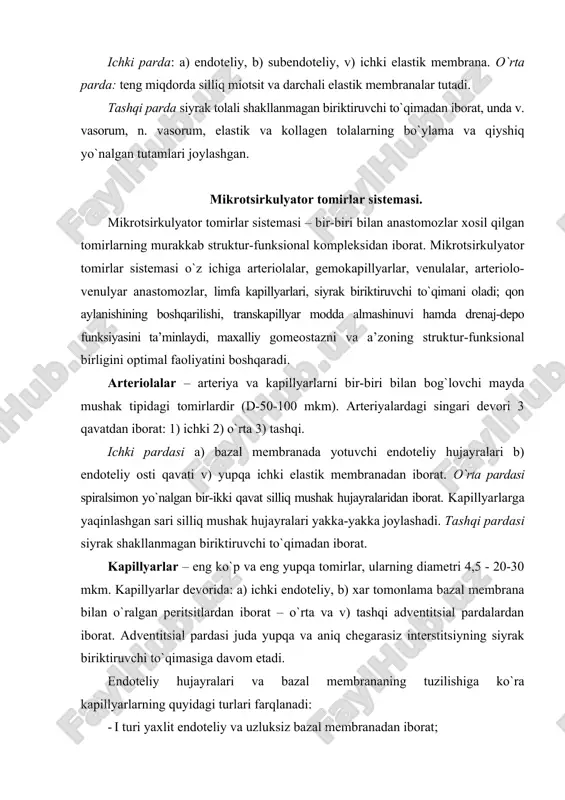 ardasi juda yupqa va aniq chegarasiz interstitsiyning siyrak biriktiruvchi to`qimasiga davom etadi. endoteliy hujayralari va bazal membrananing tuzilishiga ko`ra kapillyarlarning quyidagi turlari farqlanadi: · i turi yaxlit endoteliy va uzluksiz bazal membranadan iborat; · ii turi fenestrlangan endoteliy va uzluksiz bazal membranaga ega; · iii turi sinusoid kapillyar bo`lib, diametri yirik, bazal membranasi uzuq-yuluq bo`ladi; · iv turi jigar sinusoid kapillyarlari bo`lib, ularda bazal membrana bo`lmaydi. kapillyarlar devorining ichki qavatini endoteliy hujayralari tashkil etadi, o`rta qavatini bazal membrana va peritsit (ruje) hujayralari hosil qiladi, tashqi qavati adventitsial hujayralar va nozik kollagen tolalaridan iborat. peritsitlar hamma tomondan bazal membrana bilan o`ralgan. venulalar mikrotsirkulyasiya tarmog`ining qonni olib ketuvchi bo`limi hisoblanadi. postkapillyar, yig`uvchi va mushakli venulalar farqlanadi. postkapillyar venulalar kapillyarlarga o`xshash bo`lib, ulardan yirikligi, baland endoteliy bilan qoplanganligi va peritsitlari ko`pligi bilan farq qiladi. yig`uvchi venulalar devorida alohida joylashgan silliq mushak hujayralari uchraydi. mushak venulalar tarkibida 1-2 qavat joylashgan silliq miotsitlar tutadi. postkapillyar …