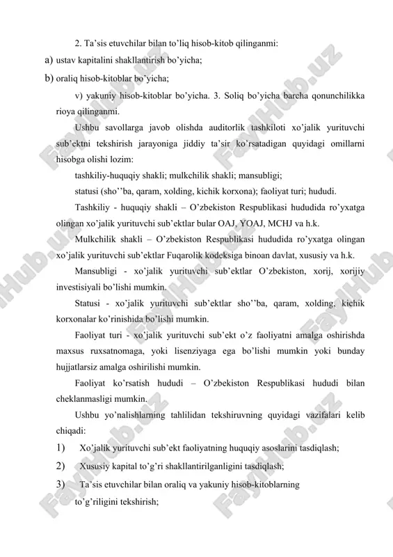 xususiy aksiyalarning mavjudligi; ta’sis etuvchilarga to’lanadigan dividеndlar bo’yicha qarzlari; 7) ustav kapitaliga ulushlari bo’yicha kiritilayotgan moddiy qiymatliklarning baholanishi, ularning to’g’riligi va hisob-kitoblarning asoslanganligini tеkshirish. ustav, qo’shilgan, zahira kapitali va zahiralarni shakllanishi va harakatining auditorlik tеkshiruvini o’tkazish uchun auditor (auditorlik tashkiloti) tomonidan quyidagi asosiy hujjatlar axborot manbai bo’lib hisoblanadi va ulardan foydalaniladi: -iqtisodiy sub’еkt ustavi; -ta’sis shartnomasi; -ta’sischilar majlislarining bayonnomalari; -davlat ro’yxatidan o’tganligi to’g’risidagi guvohnoma; -korxonalarni xususiylashtirish va aksionеrlashtirish bilan bog’liq bo’lgan hujjatlar; -statistika, davlat soliq idoralarida ro’yxatdan o’tganligi to’g’risida guvohnoma; -bankning xizmat ko’rsatishi to’g’risidagi shartnomasi; -ta’sis hujjatlariga kiritilgan va ro’yxatga olingan o’zgarishlar; -emissiya prospеkti; -aksiyadorlik jamiyatlari uchun aksiyadorlarning rееstri; -aksiyadorlarning yillik majlisi bayonnomalaridan ko’chirma; -aksiyadorlar, ta’sischilarning majlis bayonnomalaridan ko’chirma; -dirеktorlar (nazorat) kеngashi majlislarining qarorlaridan ko’chirma; -ijro dirеksiyasining buyruqlari va farmoyishlari; -ma’lum bir faoliyatni amalga oshirish uchun lisеnziyalar va ruxsatnomalar; -ta’sischilar va aksiyadorlar bilan yozishuvlar; -ichki ustavlar; -ustav kapitaliga ta’sischilar tomonidan o’z ulushlarini pul, natura, nomoddiy shaklda yoki qimmatli qog’ozlar ko’rinishida …