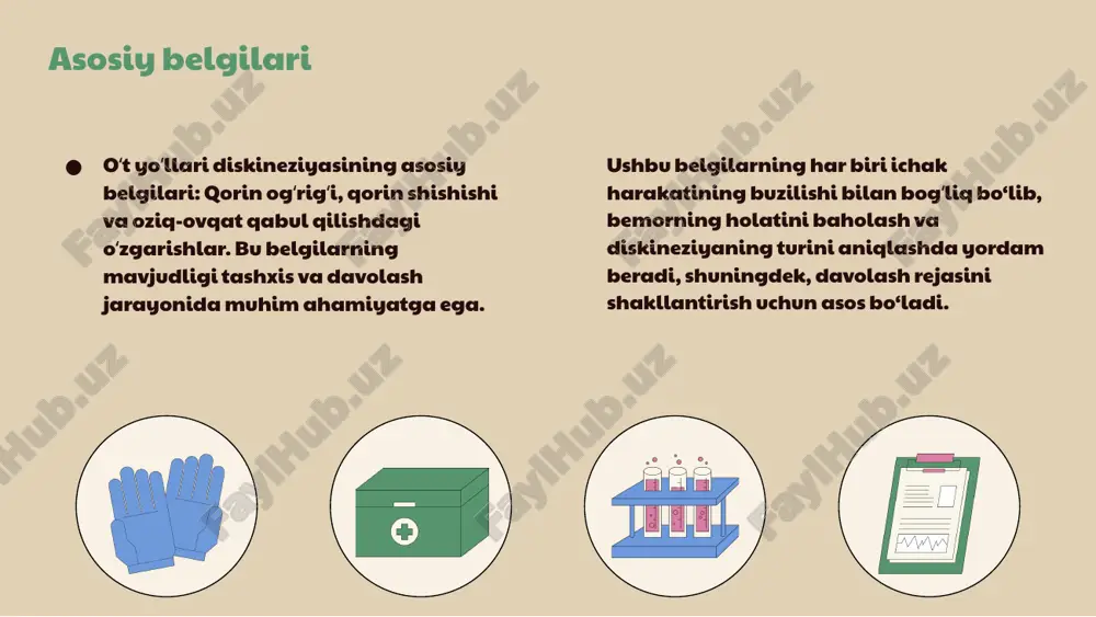 ditatsiya va o'z-o'zini yordam usullari muhim rol o'ynaydi. anonim xulosa kasallik belgilari va simptomlari qattiqlik, og‘riq, harakatda qiyinchiliklar va mushaklarning zaifligi asosiy simptomlardir. aniqlash va tashxis mri, ultrason, klinik tekshiruvlar va diagnostik testlar yordamida aniqlanadi. davolash usullari dori-darmonlar, dieta, fizioterapiya va individual davolash rejasi muhim rol o‘ynaydi. profilaktika va boshqaruv sog‘lom turmush tarzini saqlash, muntazam tekshiruvlar va psixologik yordam bilan simptomlar kamaytiriladi. photo by alexandr podvalny on unsplash 1. 2. 3. 4. foydalanilgan adabiyotlar 1. tashkent medical academy. o't yo'llari diskineziyasi: klinik va diagnostik usullar. toshkent, 2020. 2. o'zbekiston respublikasi sog'liqni saqlash vazirligi. o't yo'llari diskineziyasi bo'yicha klinik ko'rsatmalar. toshkent, 2018. 3. qodirov, a. o't yo'llari diskineziyasi: patogenez va davolash usullari. o'zbekiston tibbiyot jurnali, 2021. 4. islomova, m. diagnostika va terapiya: o't yo'llari diskineziyasi. toshkent davolash universiteti, 2019. 5. karimov, b. o't yo'llari diskineziyasi va profilaktikasi. tibbiyot amaliyoti, 2022. e'tiboringiz uchun rahmat! image1.png image2.png image3.png image4.png image5.png image9.png image10.png image11.png …