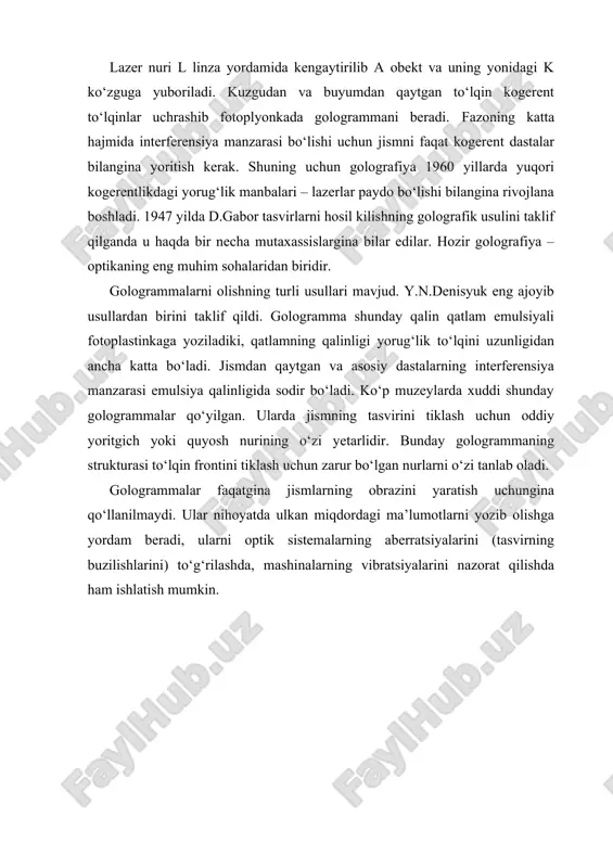 a bo‘ladi. bunday mashinalarning asosini lazer qurilmalari tashkil qiladi. ularning xotirasi ham optik bo‘lib, ma’lumotlarni golografik yozishga asoslanadi. o‘lchami 10(10 sm2 bo‘lgan gologrammaga 100 mln dan ortiq ma’lumotni yozish mumkin; bunday hajmdagi ma’lumot uchun 1 mln. betga yaqin bosma tekst kerak bo‘ladi. golografik optika yordamida hozir murakkab matematik hisoblashlar, funksiyalarni diferensiallash, integral operatsiyalar bajarilmoqda; eng murakkab tenglamalar yechilmoqda.