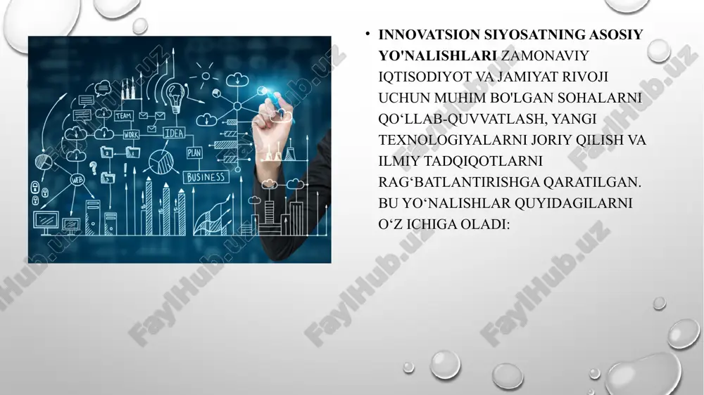 di. bu esa korxonalarni yangi mahsulotlar ishlab chiqarish va tadqiqotlar olib borishga undaydi. ekologik va ijtimoiy talablarni belgilash: davlat innovatsiyalarni ekologik va ijtimoiy mas’uliyat doirasida rivojlantirish uchun ekologik standartlar va talablar qo‘yadi, bu esa barqaror rivojlanish siyosatiga xizmat qiladi. investitsiya muhiti va qonunchilikni takomillashtirish: davlat xorijiy va mahalliy investorlarni jalb qilish uchun innovatsiyalar sohasidagi qonunchilikni takomillashtirib, investitsiya muhitini yaxshilaydi. xalqaro tajribada innovatsion siyosat rivojlanish va raqobatbardoshlikni oshirish uchun turli mamlakatlarning o‘ziga xos usullarni qo‘llashini ko‘rsatadi. quyida ba’zi davlatlarning innovatsion siyosat tajribalari bilan tanishamiz: aqsh texnoparklar va ilmiy-tadqiqot markazlari: aqshda universitetlar atrofida texnopark va ilmiy markazlar tashkil etilgan. misol uchun, silicon valley (kremniy vodiysi) innovatsiyalar markazi bo‘lib, bu yerda ilmiy-tadqiqot va tadbirkorlikni rivojlantirish uchun keng ko‘lamli imkoniyatlar yaratilgan. davlat grantlari va xususiy sektor sarmoyalari: aqsh hukumati ilmiy-tadqiqot loyihalarini qo‘llab-quvvatlash uchun grantlar ajratadi, shuningdek, xususiy sektor tadqiqotlarga katta sarmoya kiritadi. darpa va nih kabi tashkilotlar innovatsiyalar uchun grant dasturlarini amalga oshiradi. patent …