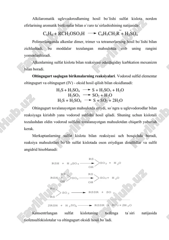 lotaning konsetratsiyasi va jarayonning texnologik tartibini tanlaydilar. tozalashda surkov moylaridan smolali moddalarni chiqarib yuborish va yorituvchi kerosinlarning sifatini oshirish maqsadi qo`yilgan bo`lsa 9γ % li qislotani qo`llaydilar. dearomatlash uchun 98 % li kislota yoki oleum ishlatiladi. rangini yaxshilashga mo`ljallangan benzinni engil tozalanishini 85 % li va undan past konsentarsiyali sulfat kislotalar bilan o`tkaгadilar. mumkin bo`lgan joyda suyultirilgan kislota qo`llash afгalroqdir, chunki nordon gudron kamroq miqdorda hosil bo`ladi, polimerlanish jarayonlari susayadi. ko`pgina fraksiyalarning sulfat kislotali toгalashini oldindan isitmay turib bajaradilar, chunki haroratning oshishi alkenlarning polimerlanishiga yordam beradi. ammo ba`гi hollarda haroratning oshirishga to`g`ri keladi. masalan, 50 - 85 0c da erituvchi benzinlar, yorituvchi kerosin, atir-upa va tibbiyot moylarning dearomatlashini o`tkaгadilar. haroratning oshirilishi to`yinmagan uglevodorodlarning polimer-lanishiga yordam beradi, shuning uchun ko`pgina fraksiyalarning sulfat kislotali toгalashini toгalanadigan xomashyoni qiгdirmasdan o`tkaгadilar. neft fraksiyalarini (erituvchi - benzin, yorituvchi kerosin, tibbiyot va atir-upa moylari) dearomatlashda tozalash harorati oshadi. yuqori haroratda surkov moylarining sulfat kislotali tozalashini amalga …