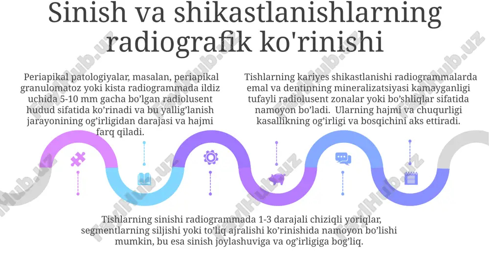 ‘p kanal bo‘lishi mumkin, bu esa radiografik tasvirda aniqlanadi. ildiz kanallarining kengligi va uzunligi, shuningdek, ularning egriligi radiografik tekshiruvda aniqlanadi va endodontik davolash rejasini tuzishda muhim rol o‘ynaydi. radiatsion xavfsizlik rentgen apparati muntazam ravishda tekshiruvdan o'tkazilib, texnik jihatdan mukammal holatda bo'lishi va xavfsizlik standartlariga javob berishi zarur. shifokor va bemor rentgen nurlanishidan himoya qilish vositalaridan (qoplama, apron) foydalanishi, nurlanish vaqti minimal darajada bo'lishi shart. shifokor va bemor rentgen nurlanishidan himoya qilish vositalaridan (qoplama, apron) foydalanishi, nurlanish vaqti minimal darajada bo'lishi shart. tishlarning radiografik anatomiyasi: umumiy nuqtai periapikal radiografiya tishlarning ildiz kanallarining soni va morfologiyasini, shuningdek, 1 dan 5 mm gacha bo'lgan periapikal patologiyalarni aniqlash imkonini beradi. tishlarning radiografik tasvirlarida 13 ta individual anatomik tuzilmalar, shu jumladan, emal, dentin, pulpa va periodont bo'shlig'i aniqlanishi mumkin. radiografik tekshiruvda tishlarning 20 ta sut tishlari va 32 ta doimiy tishining o'ziga xos shakli va o'lchamlarini aniqlash mumkin. o'smalarning radiografik ko'rinishi ortodontik davolashdan keyin, tishning …