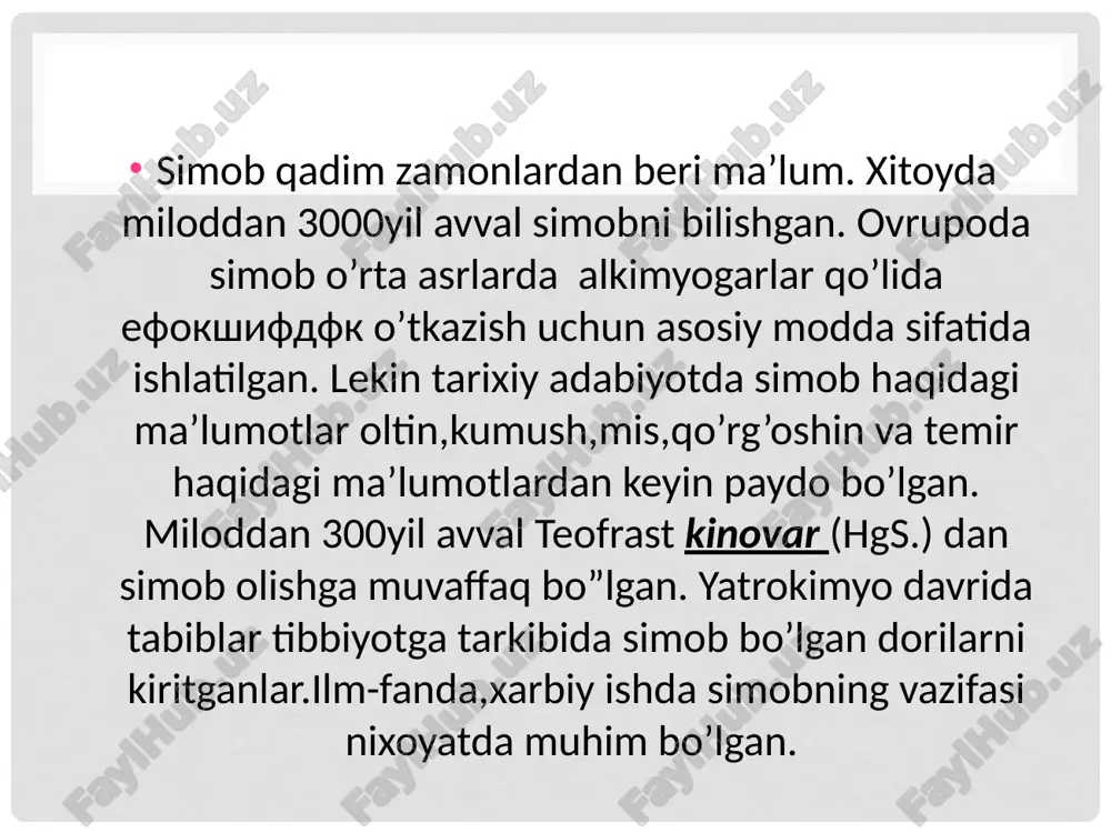 i. rux changida kadmiyni miqdori 5 % gacha bo’ladi, undan quruq va ho’l usullar bilan kadmiy ajratib olinadi. quruq usulda rux changiga koks qo’shib qizdiriladi, bunda hosil bo’lgan bug’ni bir necha marta haydab toza kadmiy olinadi. ho’l usulda esa tarkibida kadmiy bo’lgan rux changi xlorid yoki sulfat kislotada eritilib, eritmadan kadmiy rux bilan qaytariladi: cdso4 + zn = znso4 + cd toza kadmiy olish uchun kadmiy vakuumda yoki vodorod oqimida bug’lantirilib, elektroliz usulda tozalanadi. kadmiyning selenid (cdse), otavit (cdo3) va monteponit (cdo), grinokit (cds) kabi nodir minerallari maʼlum. sulfid rudalarida, jumladan, sfalerit minerali (zns) tarkibida (0,01—5,0%), galenitda (0,02% gacha), xalkopiritda (0,12%), piritda (0,02%) uchraydi. bundan tashqari, umurtqali va umurtqasiz hayvonlar organizmida, oʻsimliklarda ham bor. kadmiy — kumushdek oq, yumshoq, choʻziluvchan, mexanik ishlovga oson beriladigan ogʻir metall. zichligi 8,65 g/sm1 (20° da) maos boʻyicha qattiqligi 2, suyuklanish t-rasi 320,9°, qaynash t-rasi 767°. kimyoviy birikmalarda 2 valentli. nam havoda kadmiyning sirti yupqa …
