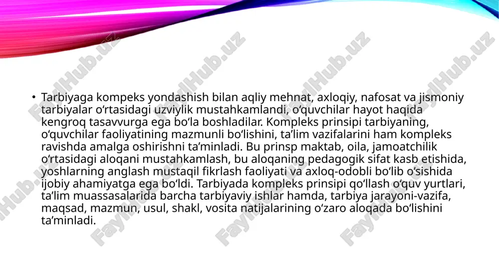 spublikasi oliy majlisining ix sessiyasida “ta’lim to‘g‘risida” qonun hamda “kadrlarni tayyorlash milliy dasturi” keng muhokama qilindi va tasdiqlandi. mustaqqillik yillarida pedagogik fikrlarning rivoji va yo‘nalishlari. o‘zbekiston respublikasi “ta’lim to‘g‘risida”gi qonun va “kadrlar tayyorlash milliy dasturi”. [6] “ta’lim to‘g‘risida”gi qonun ta’lim, tarbiya fuqarolar kasbiy tayyorgarligi va har bir fuqaroning ilm olish konstitutsion huquqini ta’minlash kabi qator dolzarb vazifalarni belgilab berdi. respublikamiz bugungi kunda tubdan yangi davlat bo‘lib, unda har bir siyosiy, iqtisodiy, ma’naviy sohadagi islohotlar ham yangi ta’lim tizimida bosqichmabosqich olib borishni nazarda tutadi. zero, ta’lim sohasidagi islohotlar ham yangi bosqichma-bosqich o‘tish tamoyiliga asoslangandir. “kadrlar tayyorlash milliy dasturi” ham uzluksiz ta’lim tizimini isloh qilishning tashkiliy, ilmiy va metodik asosi bo‘lib hisoblanadi. milliy dasturning asosiy maqsadi uzluksiz ta’lim tizimini rivojlantirish bo‘lib, u ijodiy va mustaqil fikrlovchi, tafakkuri rivojlangan, erkin shaxsni shakllantirish bilan barcha sohalarda raqobatbardosh kadrlar tayyorlashni kafolatlash bilan ahamiyatlidir. jamiyat taraqqiyotida har bir fanning o‘z o‘rni bo‘lganidek, pedagogika fanining ham o‘ziga …