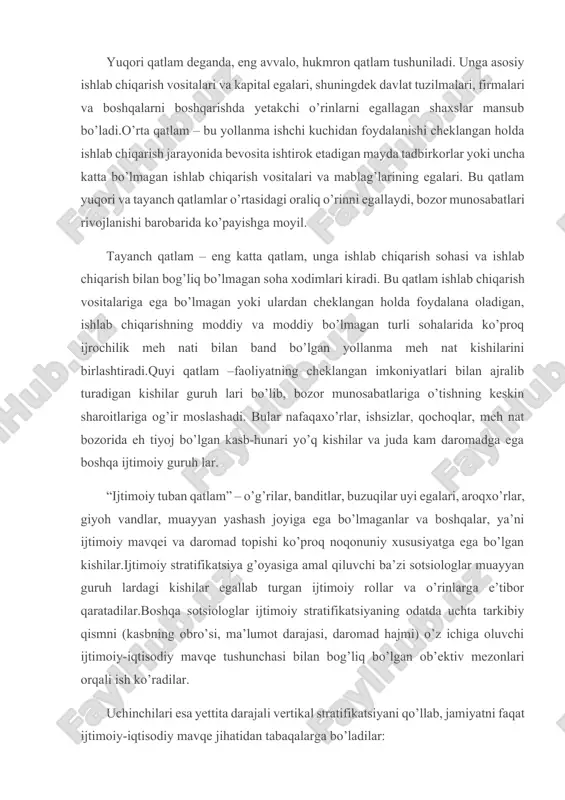 usiyatga ega bo’lgan kishilar.ijtimoiy stratifikatsiya g’oyasiga amal qiluvchi ba’zi sotsiologlar muayyan guruh lardagi kishilar egallab turgan ijtimoiy rollar va o’rinlarga e’tibor qaratadilar.boshqa sotsiologlar ijtimoiy stratifikatsiyaning odatda uchta tarkibiy qismni (kasbning obro’si, ma’lumot darajasi, daromad hajmi) o’z ichiga oluvchi ijtimoiy-iqtisodiy mavqe tushunchasi bilan bog’liq bo’lgan ob’ektiv mezonlari orqali ish ko’radilar. uchinchilari esa yettita darajali vertikal stratifikatsiyani qo’llab, jamiyatni faqat ijtimoiy-iqtisodiy mavqe jihatidan tabaqalarga bo’ladilar: 1. professionallar, ma’murlar oliy sinfi; 2. o’rta darajadagi texnik mutaxassislar; 3. tijoratchilar sinfi; 4. mayda burjuaziya; 5. rah barlik vazifalarini bajaruvchi texniklar va ishchilar; 6. malakali ishchilar; 7. malakasiz ishchilar. shunday qilib, biz hozirgi jamiyatning ijtimoiy tabaqalanishini tah lil qilishga nisbatan ikkita asosiy yondashuvni ko’rib chiqdik. ularning har biri bir xil darajada mavjud bo’lish (yashash) huquqiga ega bo’lsa kerak. eng muhimi, ulardan birortasini absolyutlashtirmaslik kerak, ularga kompleks tarzda, bir-biri bilan bog’liqlikda yondashish, ijtimoiy tabaqalanishning eng muhim ob’ektiv mezonlarini topish hamda ushbu jarayonni tah lil qilishda ularning turli …