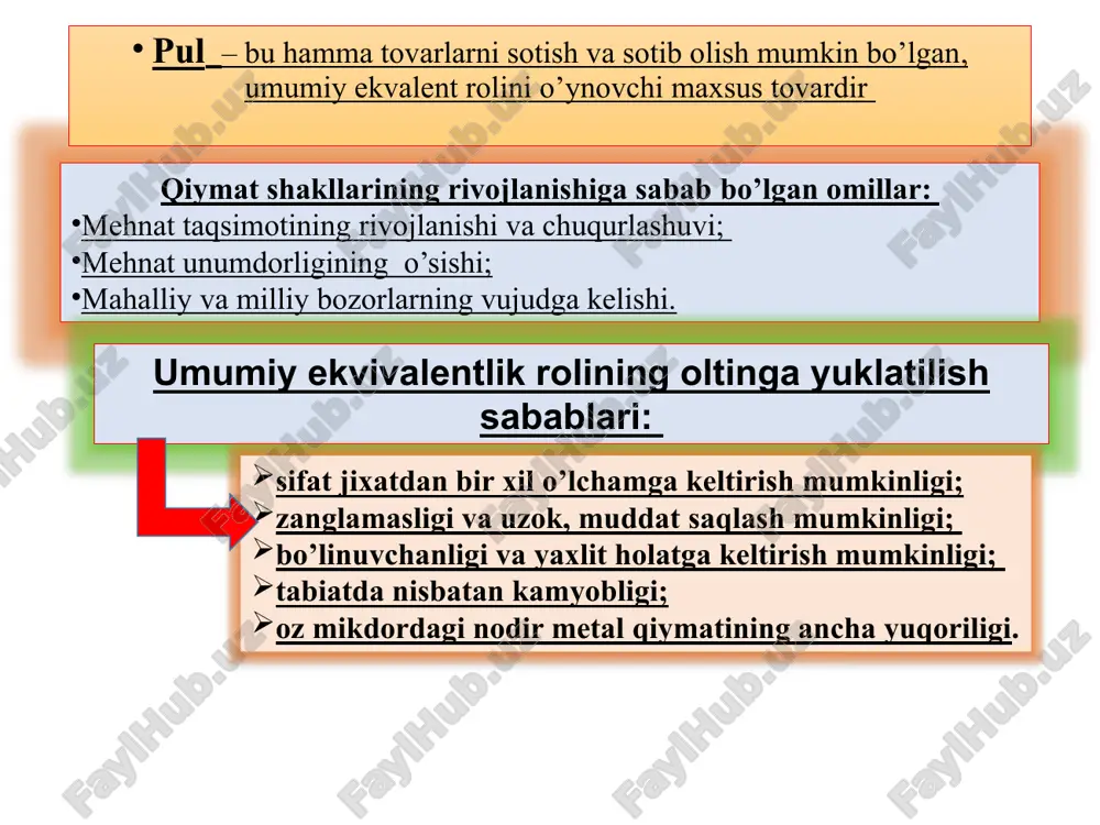 vazifani bajaradi. birinchi savolga javob ta’rikasida pul nazariyasida ikkita yo‘nalish mavjud-bu metall va nominal pul nazariyalardir. iqtisodiy pul nazariyasi ikkita savolga javob topishga harakat qiladi: 1) pulning kelib chiqishi va uning ma’nosi; 2) pulning narxi va uning sotib olish qobiliyati. metallistlar nazariyasiga ko‘ra: pulning mohiyati ijtimoiy zaruriy mehnatning rivojlanishi bilan belgilanmasdan oltin va kumushning tabiiy xususiyatlari bilan belgilanadi, ya’ni qanchalik ushbu metallar sifatli bo‘lsa pulning qadri shuncha yuqori bo‘ladi. nazariyaning asoschilari: t uilyamm stefford (1554-1612 y.) tomos men (1571-1641y.), dudlei nors (1641-1691y.) antuan monkreten (1641-1691y.) metall nazariya tarafdorlarining asosiy kamchiliklari quyidagilardan iborat edi: – ilk metallchilar haqiqiy pullarni qiymat belgilari bilan almashtirish zarurligi maqsadga muvofiq kelishini tushunib etmadilar; – ilk metallchilar pulning jamiyat taraqqiyotida tovar muomalasi asosida yuzaga kelgan tarixiy kategoriya ekanligini tushunmadilar; – ular jamiyat boyligi deb qimmatbaho metallarni jamg‘arishni tushundilar va «bunday boylik manbai savdodir» degan noo‘rin fikrga keldilar. jamiyatda mehnat taqsimoti va ishlab chiqarish jarayonining mavjudligi iqtisodiy …