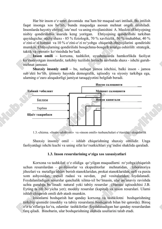 avsiflanadi. «ishchi kuchi» va «mehnat resurslari» tushunchalari bir xil mazmunga ega emas. chunki mehnat qobiliyat va ko‘nikmasiz amalga oshirilmaydi. inson qobiliyati faqat mehnat jarayonida ro‘yobga chiqadi. ishchi kuchi esa insonlarning qobiliyat salohiyatini aks ettiradi. makroiqtisodiyotda «iqtisodiy faol aholi» va «bandlik» tushunchalari muhim ahamiyatga ega. halqaro mehnat tashkilotining tasnifi (klassifikatsiyasi)ga binoan o‘zbekiston aholisining mehnat yoshiga kirib kelish 16 yoshdan belgilangan. iqtisodiy faol aholini hisobga olishda uchta kategoriyadan foydalaniladi: ish bilan band aholi, ishsizlar, ishchi kuchidan tashqaridagilar. band va ishsizlar yig‘indisi ishchi kuchini, ya’ni joriy davrda o‘z ishchi kuchini faol taklif etuvchilardan tashkil topadi. uchinchi guruh vakillariga ishga, ish haqiga ega bo‘lmagan, ish izlamayotgan, mehnat yoshiga to‘lmagan yoki mehnat yoshidan o‘tgan shaxslar kiradi. ular odatda, iqtisodiy nofaol aholi, deb ataladi. mehnat resurslarining ishchi kuchiga aylanish jarayoni bir qancha bosqichlarni bosib o‘tadi. dastlabki bosqichda mehnat resurslari ishchi kuchining salohiyatli qismi bo‘lib, ular mehnat vositalari va qurollari bilan ishlash tajribasini orttirgan. ikkinchi bosqichda esa …