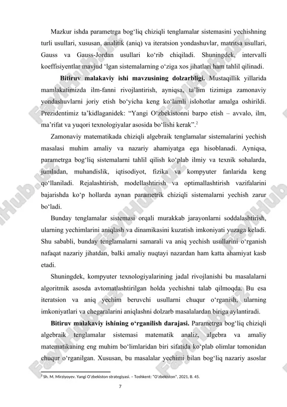 va ularni taqqoslash; 5. gauss va gauss–jordan usullari orqali sistemalarning umumiy yechimlarini topish yo‘llarini tahlil qilish; 6. intervalli koeffitsiyentlar bilan berilgan sistemalarni yechish metodlarini o‘rganish; 7. o‘rganilgan nazariy bilimlarni konkret misollar va amaliy masalalar orqali mustahkamlash. bitiruv malakaviy ishining ob’ekti va predmeti. ishning ob’ekti — matematik analiz va algebra sohasidagi chiziqli algebraik tenglamalar sistemalari, ularning parametrga bog‘liq ko‘rinishlari hamda ushbu sistemalarni yechishda qo‘llaniladigan matematik metodlar hisoblanadi. ishning predmeti esa — parametrga bog‘liq chiziqli algebraik tenglamalar sistemalarini yechishda qo‘llaniladigan aniq (gauss, gauss–jordan) va iteratsion (oddiy iteratsion, yakobi, zeydel) usullarni o‘rganish, ularning nazariy asoslarini tahlil qilish va amaliy masalalarga tadbiq etish jarayonidir. bitiruv malakaviy ishining nazariy va uslubiy asoslari. ushbu bitiruv malakaviy ishining nazariy asoslarini algebra va chiziqli algebra, matematik analiz, sonlar nazariyasi, shuningdek, differensial tenglamalar va sonli metodlar fanlarida ishlab chiqilgan ilmiy-nazariy tamoyillar tashkil etadi. ayniqsa, chiziqli tenglamalar sistemalarining matritsa usullarida ifodalanishi, determinant va ranglar nazariyasi, sistemalarning yechimiga doir teoremalar asosiy …